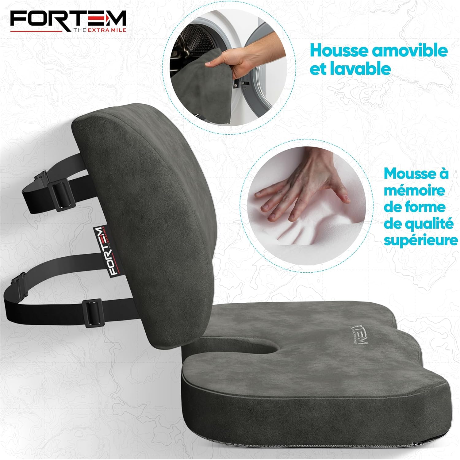FORTEM - coussin lombaire/assise mémoire de forme - antidérapant - soutien prolongé dos, confort chaise et auto