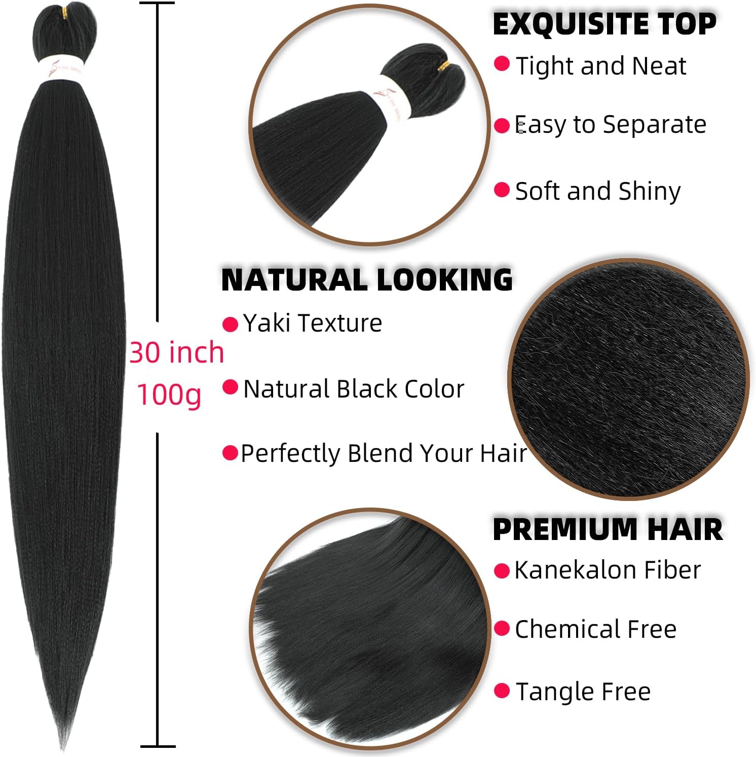 Extension cheveux tressés pré-étirés - 30 pouces - 6 paquets, kanekalon nattes afro naturelles 1B#