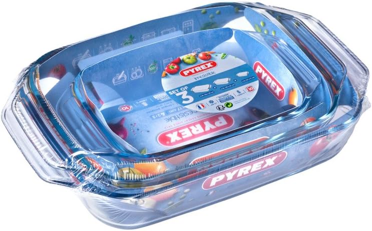 Pyrex - Lot de 3 plats à four rectangulaires - larges poignées, verre borosilicate, format familial