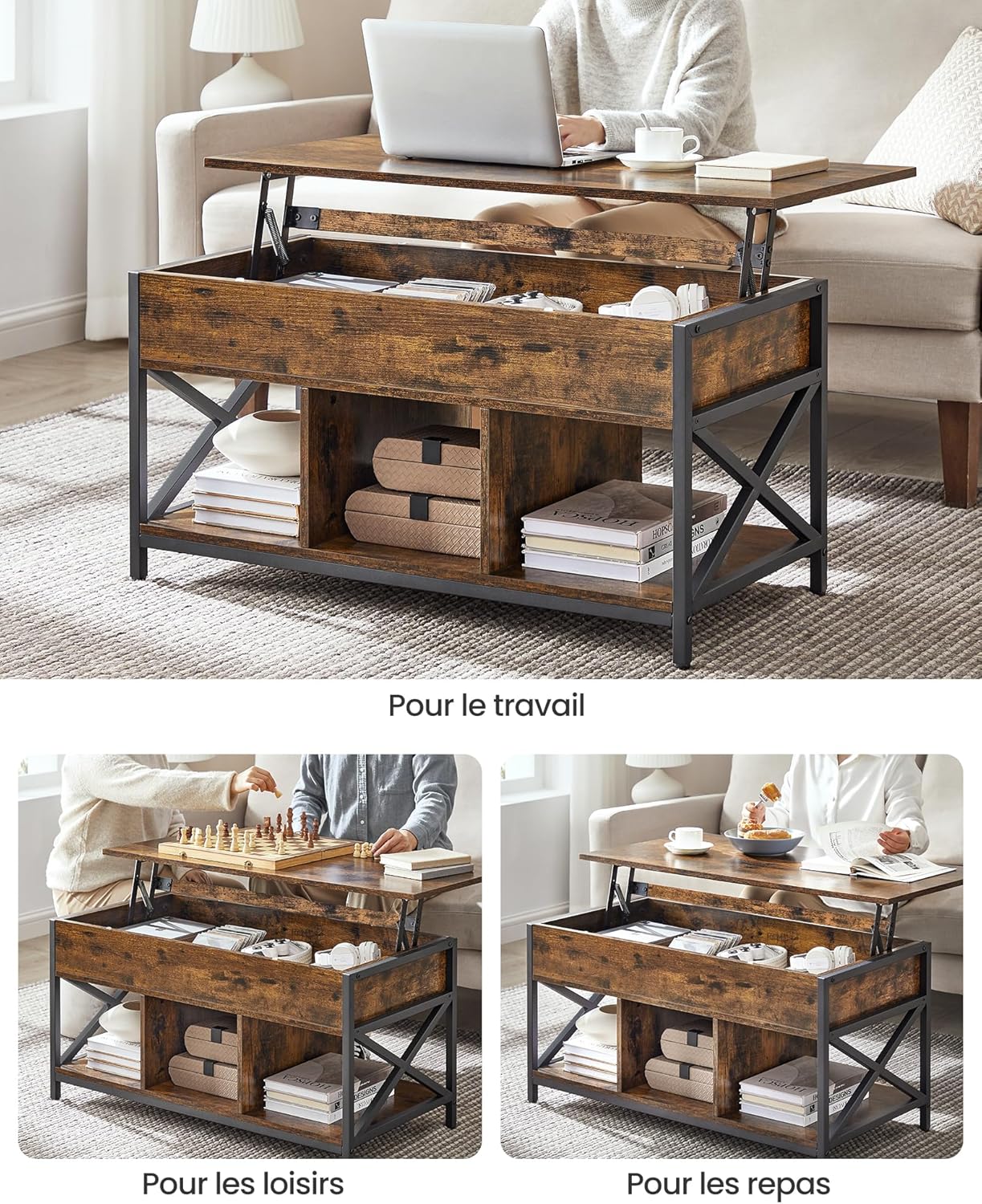 VASAGLE - Table basse série LCT202B01 - 50x100x(46,5-62)cm - plateau relevable, rangement caché, acier