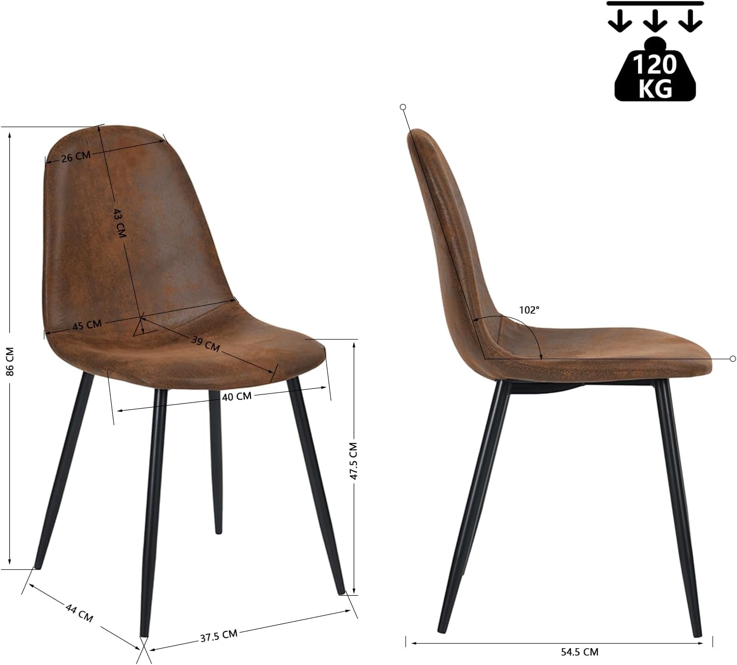 Chaises salle à manger - lot de 4, suédine marron, pieds métal noir, style rétro vintage
