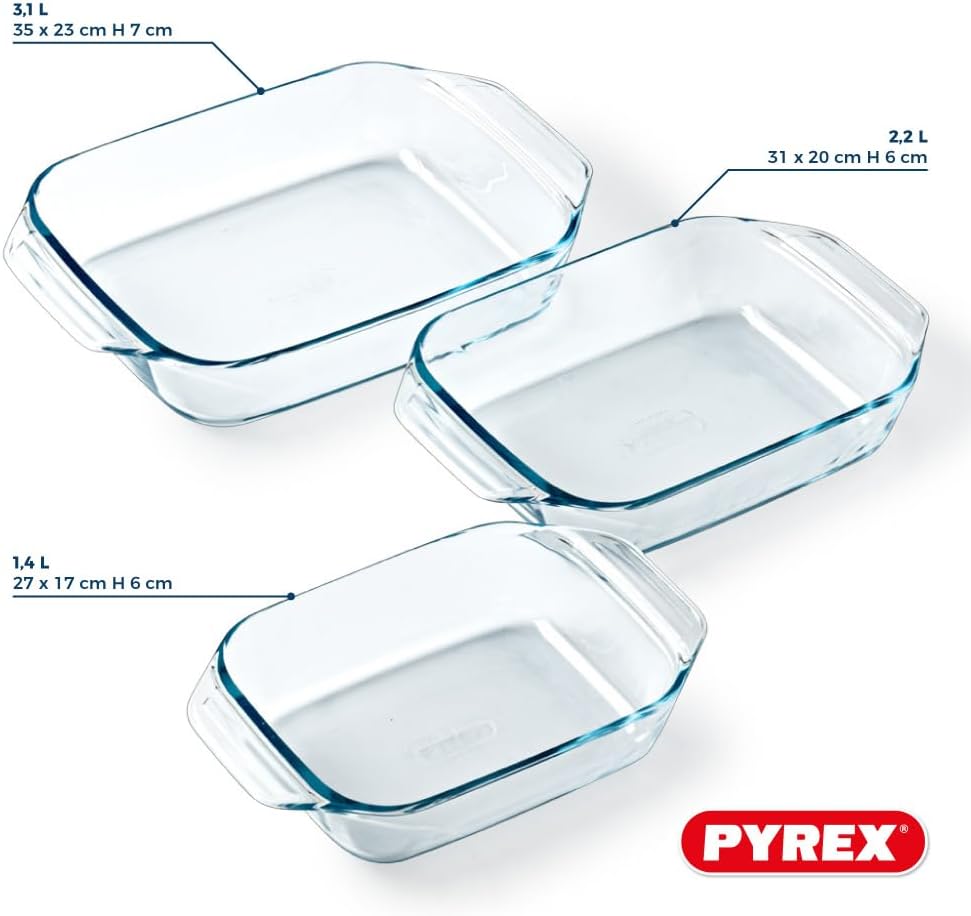 Pyrex - Lot de 3 plats rectangulaires - 3 tailles - verre borosilicate, poignées larges, compatible lave-vaisselle