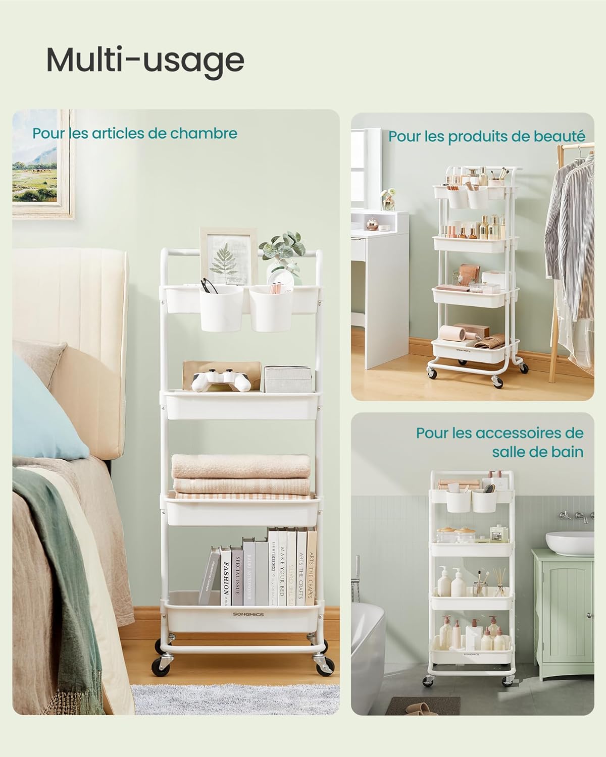SONGMICS - Chariot de rangement 4 niveaux - poignées, roulettes, 2 pots, 2 freins - Blanc - BSC077WZ01