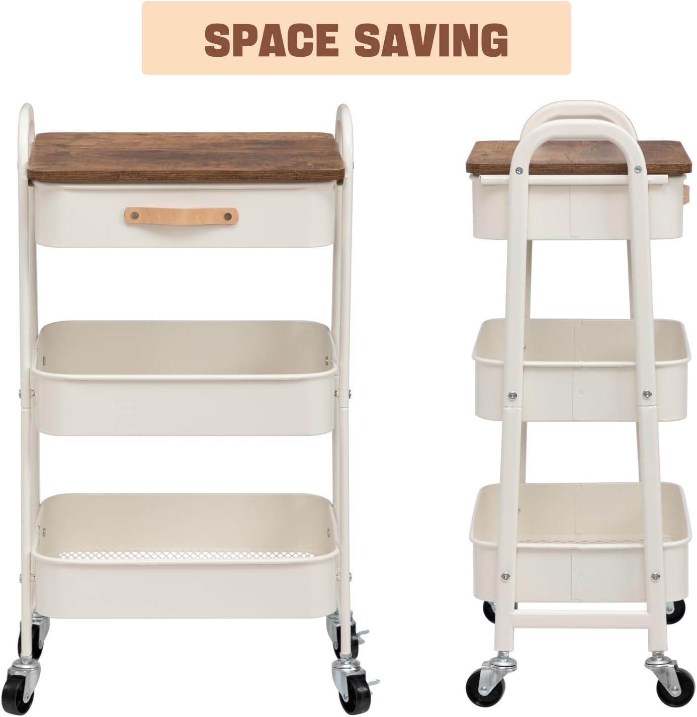 DOEWORKS - chariot de rangement 3 niveaux métal, tiroir, blanc