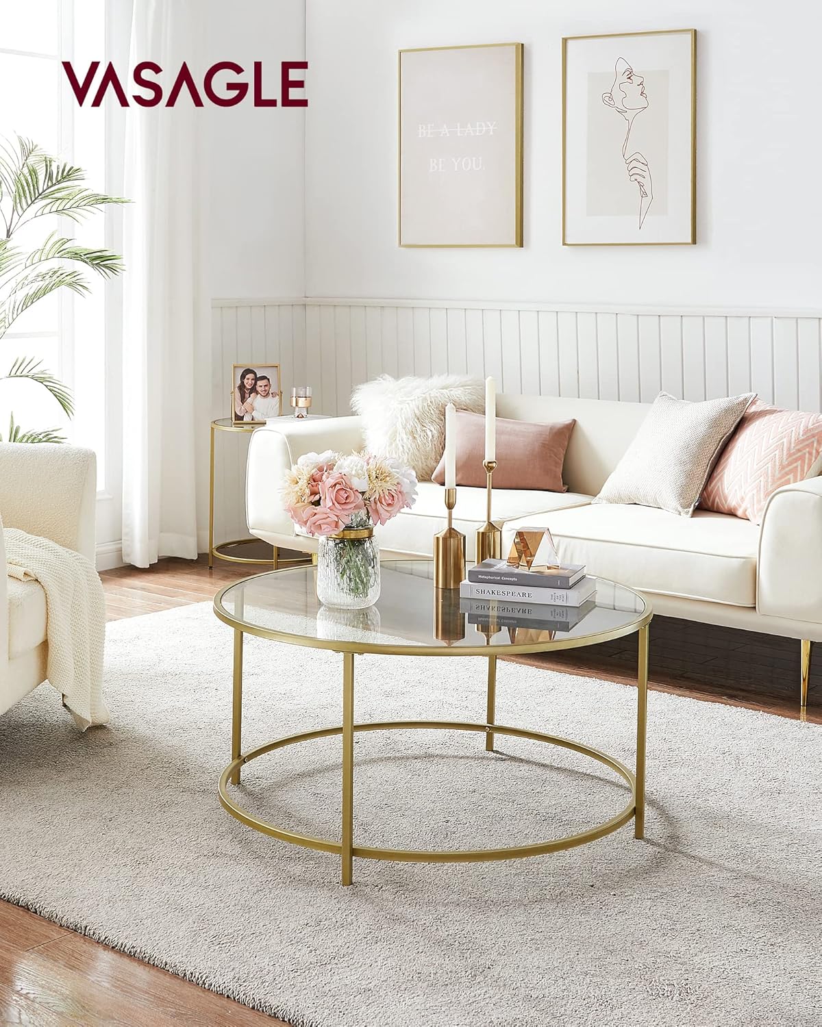 VASAGLE - Table basse ronde dorée verre, cadre AER, 55x55x45 cm, LGT21G