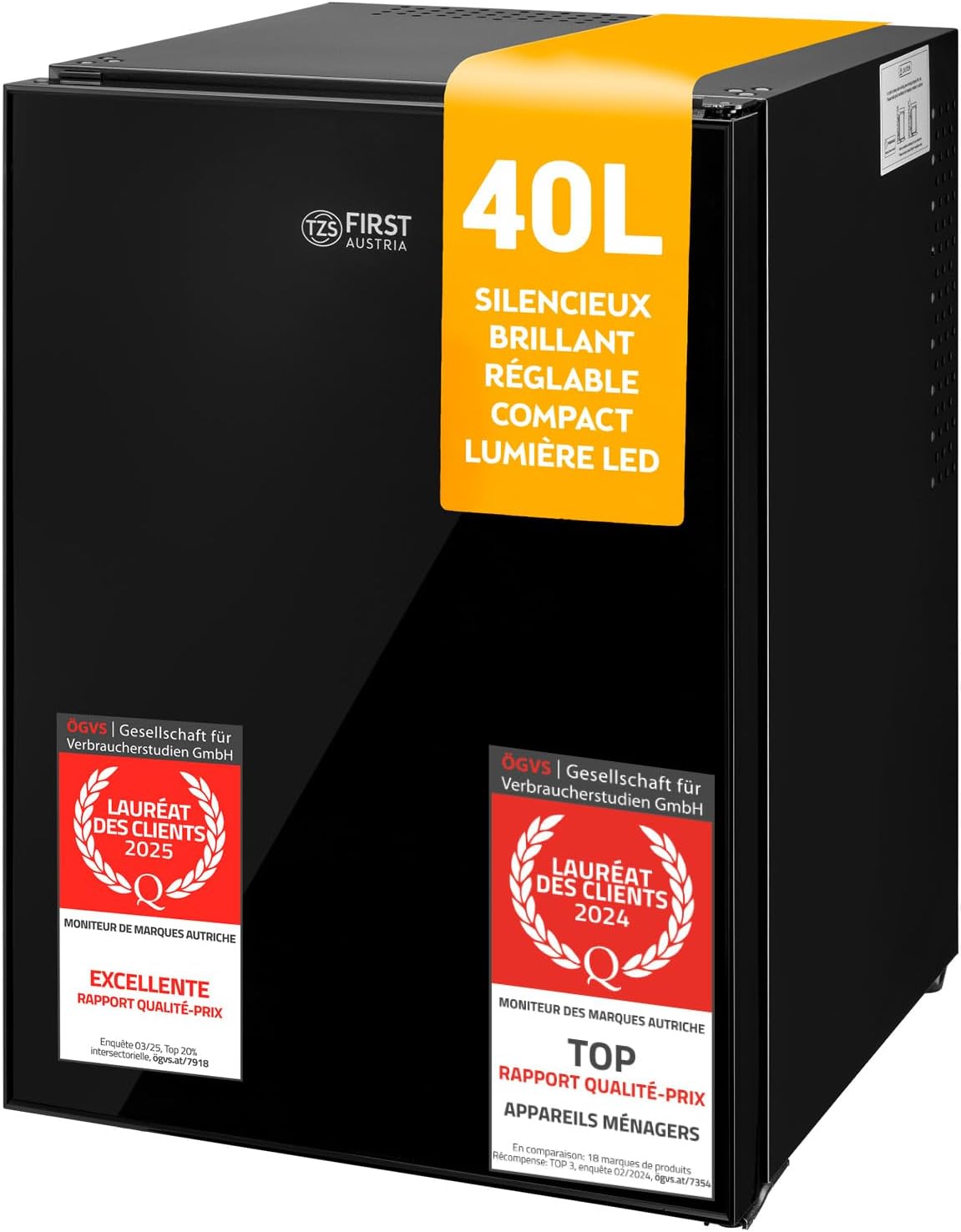 TZS First Austria - mini-frigo 40L silencieux, porte réversible, intérieur éclairé, compact pour bureau ou hôtel