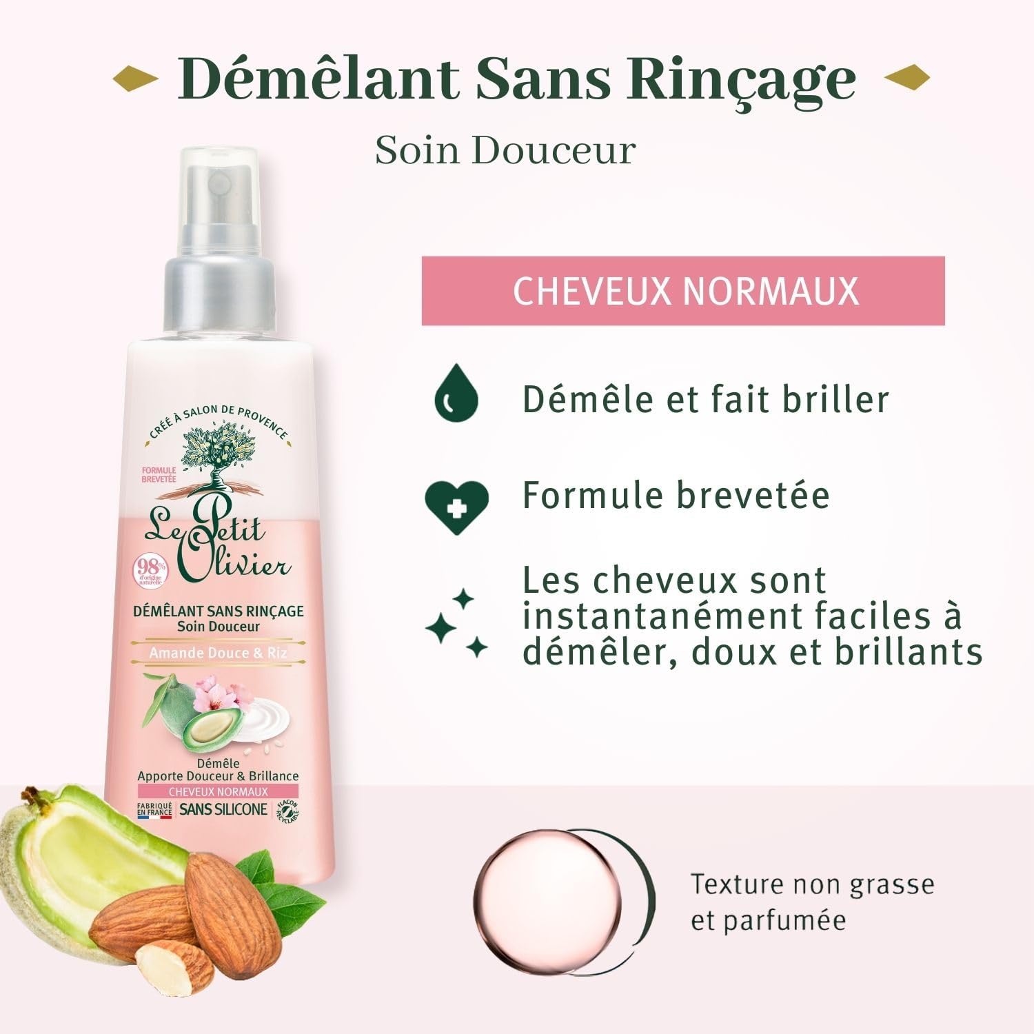 Le Petit Olivier - Spray démêlant soins douceur - 150ml - Amande douce, crème de riz, sans silicone, cheveux normaux