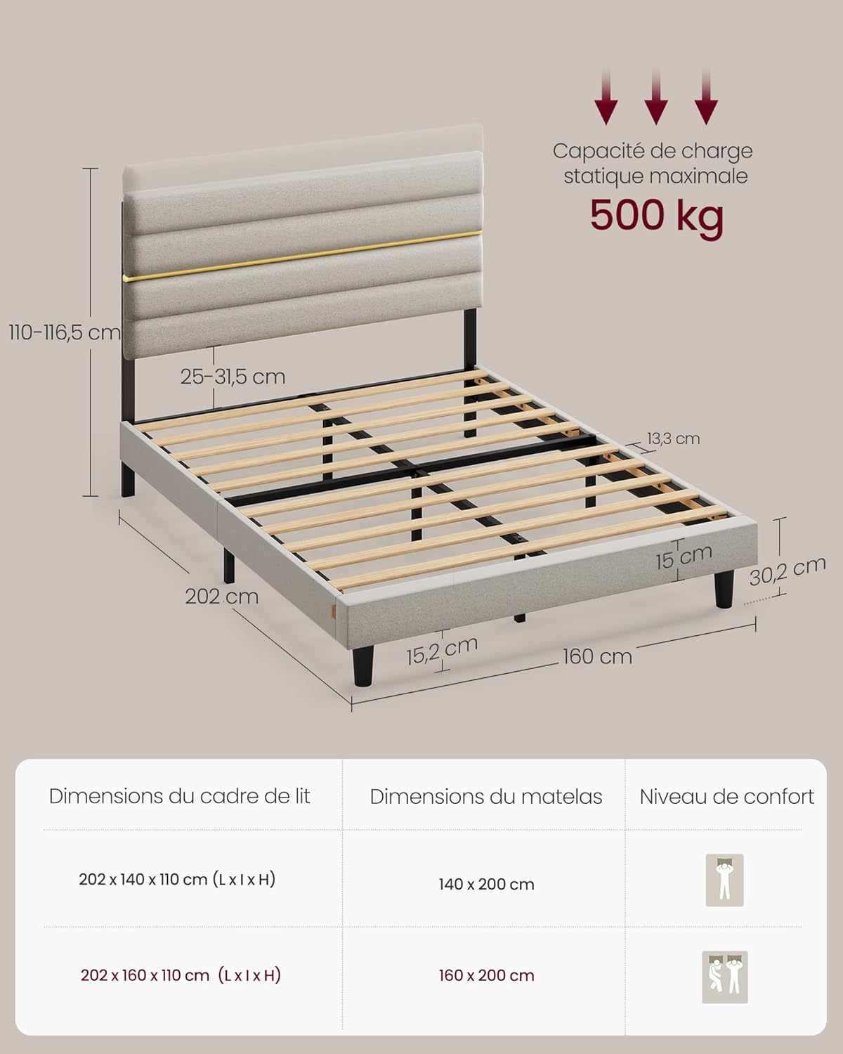 VASAGLE - lit double moderne - 160x200 cm - tête rembourrée ajustable métal bois massif - RMB505LH01