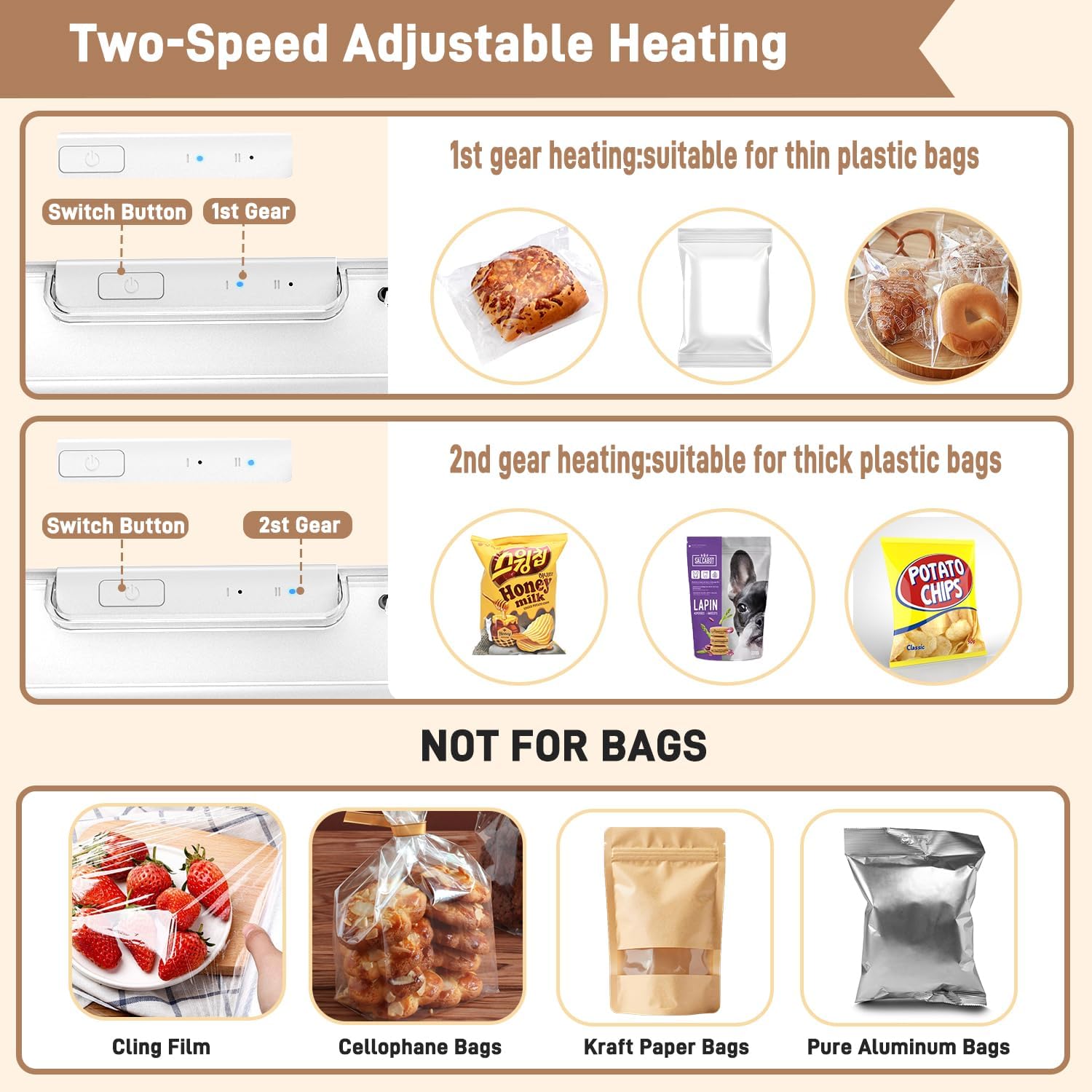 Mini scelleuse thermique portable 2-en-1, rechargeable, auto-off, blanc
