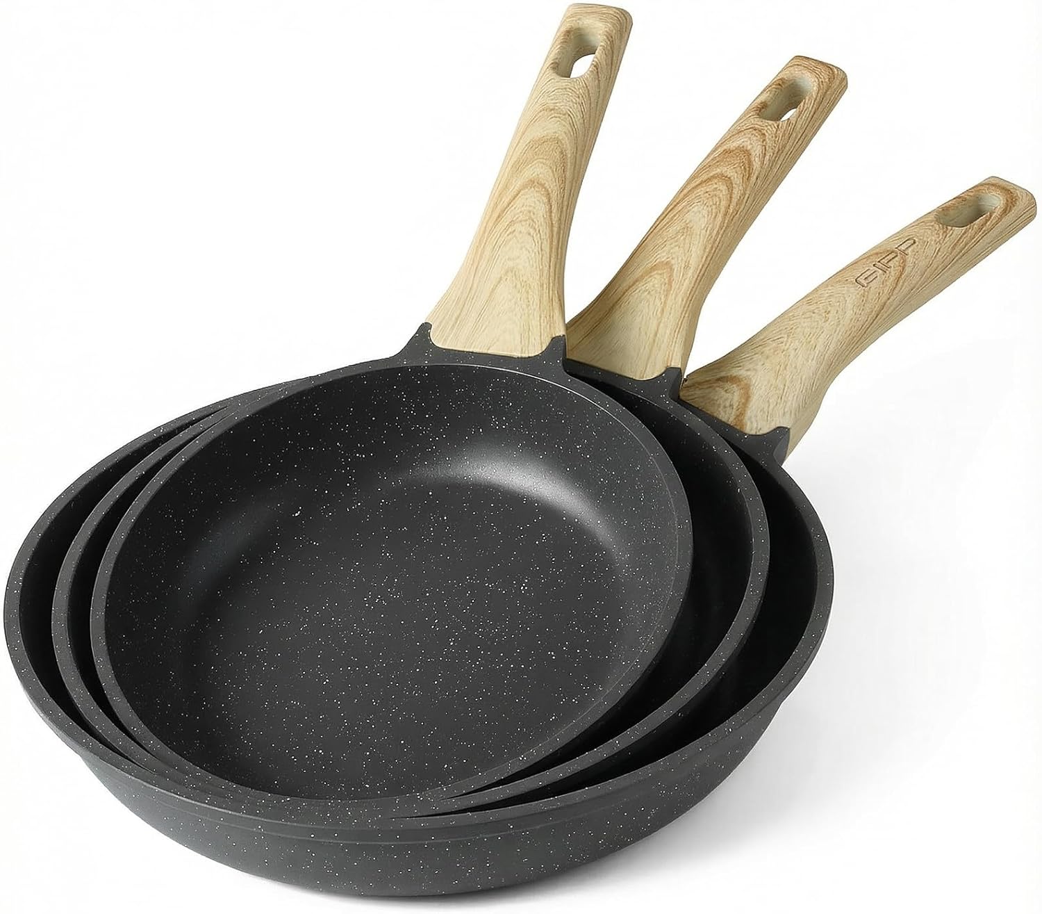 GiPP 3PCS Set de Poêles Antiadhésive en Granit – Poêle à Frire Saine et Non Toxique, Compatible Induction, Sans PFAS ni PFOA, Passe au Lave-Vaisselle, Manche Reste Froid(Gris,24+26+28cm)