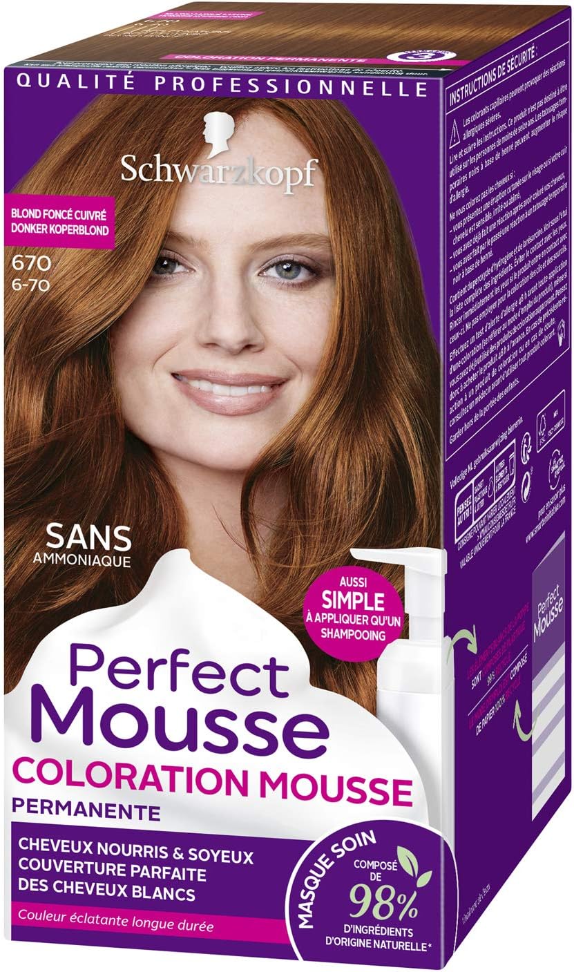 Schwarzkopf - Perfect Mousse - coloration permanente, sans ammoniaque, blond foncé cuivré, 98% naturel - 670