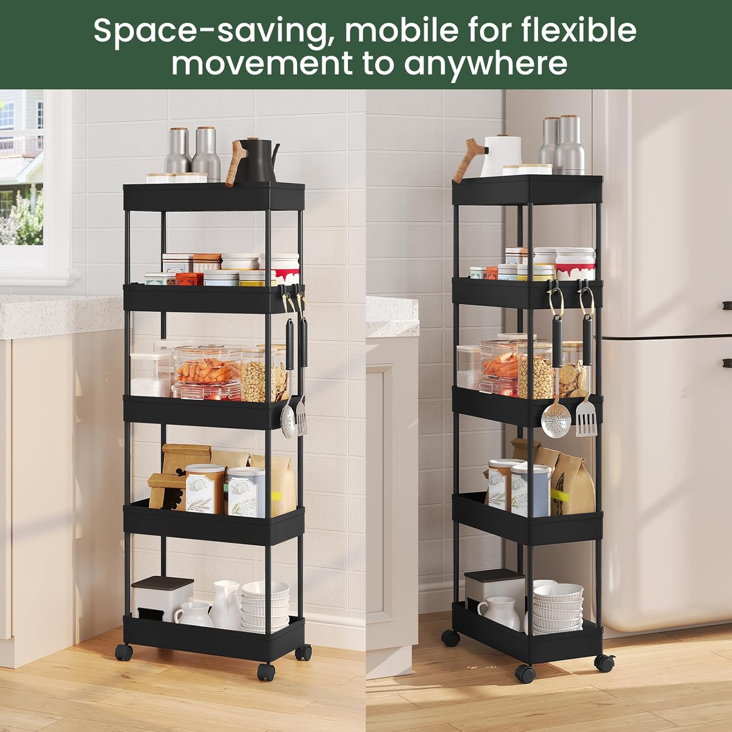 Chariot de rangement à roulettes 5 niveaux, plastique et métal, 4 crochets, noir