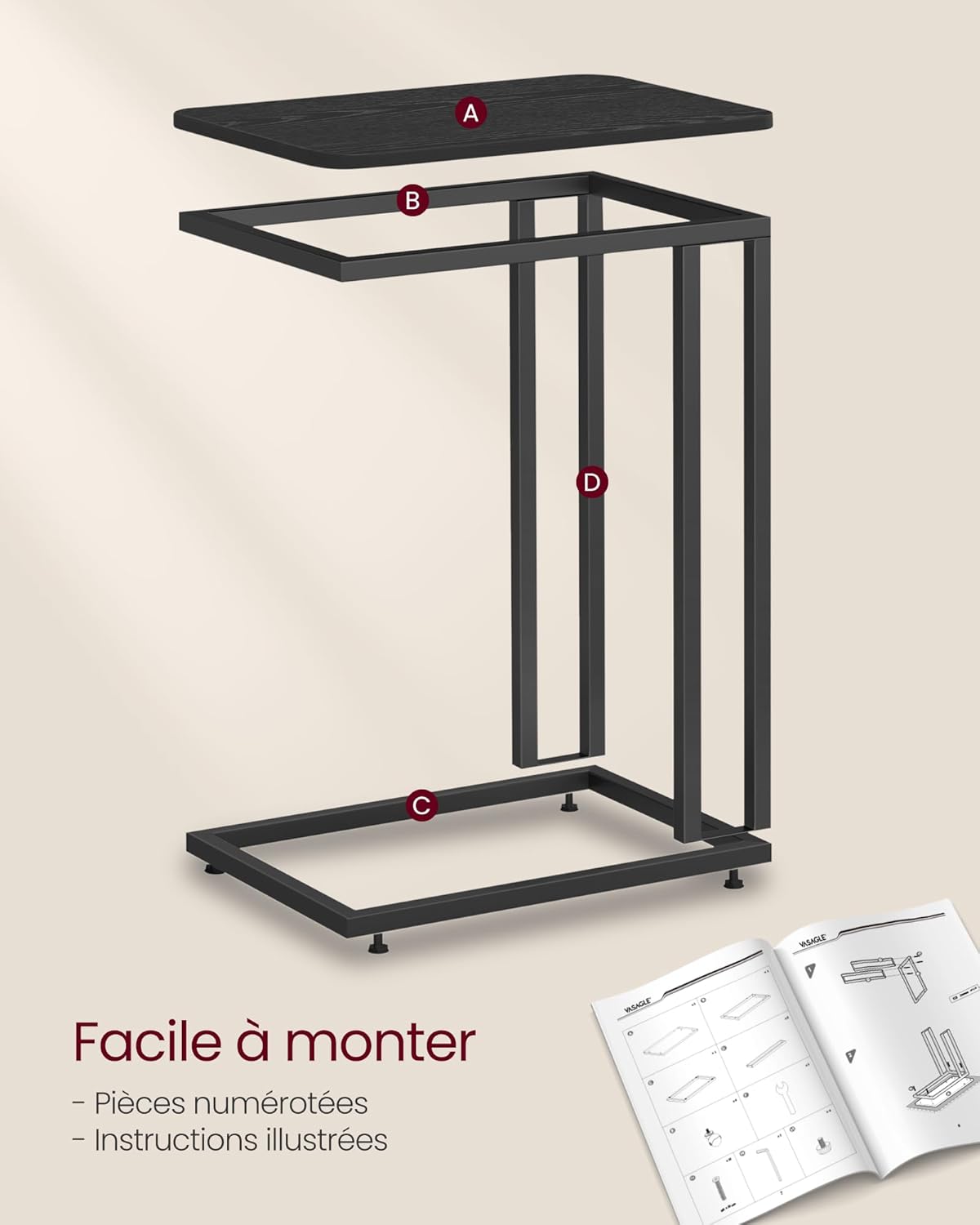 VASAGLE - Table d’Appoint Moderne - acier, roulettes, montage facile - LNT050B56