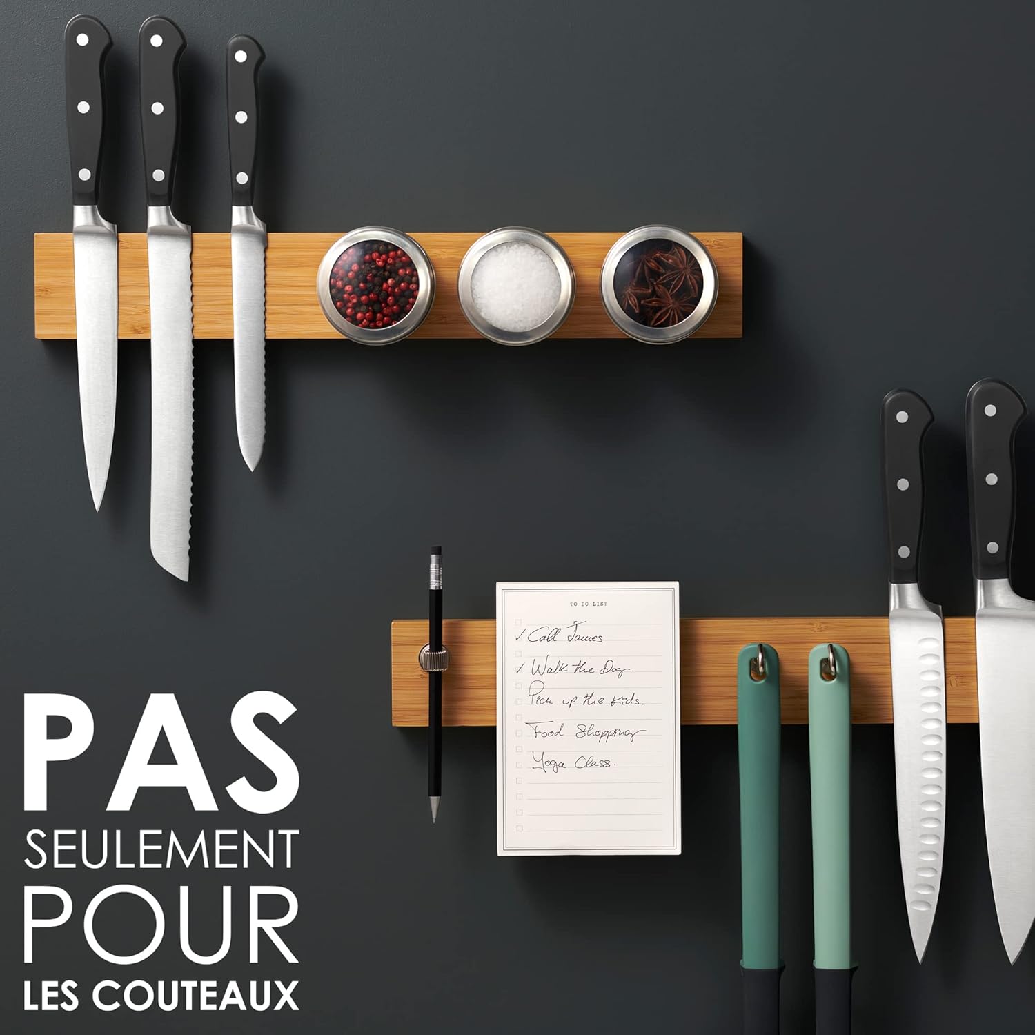 LARHN - Porte couteaux aimanté bambou 40cm - fixation murale puissante