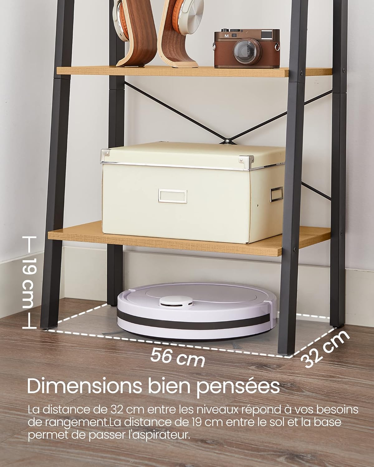 VASAGLE - étagère échelle 4 niveaux - acier, bois marron miel - 56x34x137cm - LLS044B05