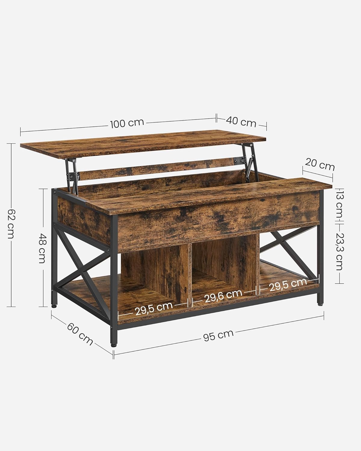 VASAGLE - Table basse à plateau relevable, 60x100x(48-62)cm, rangement multifonction, LCT205B01