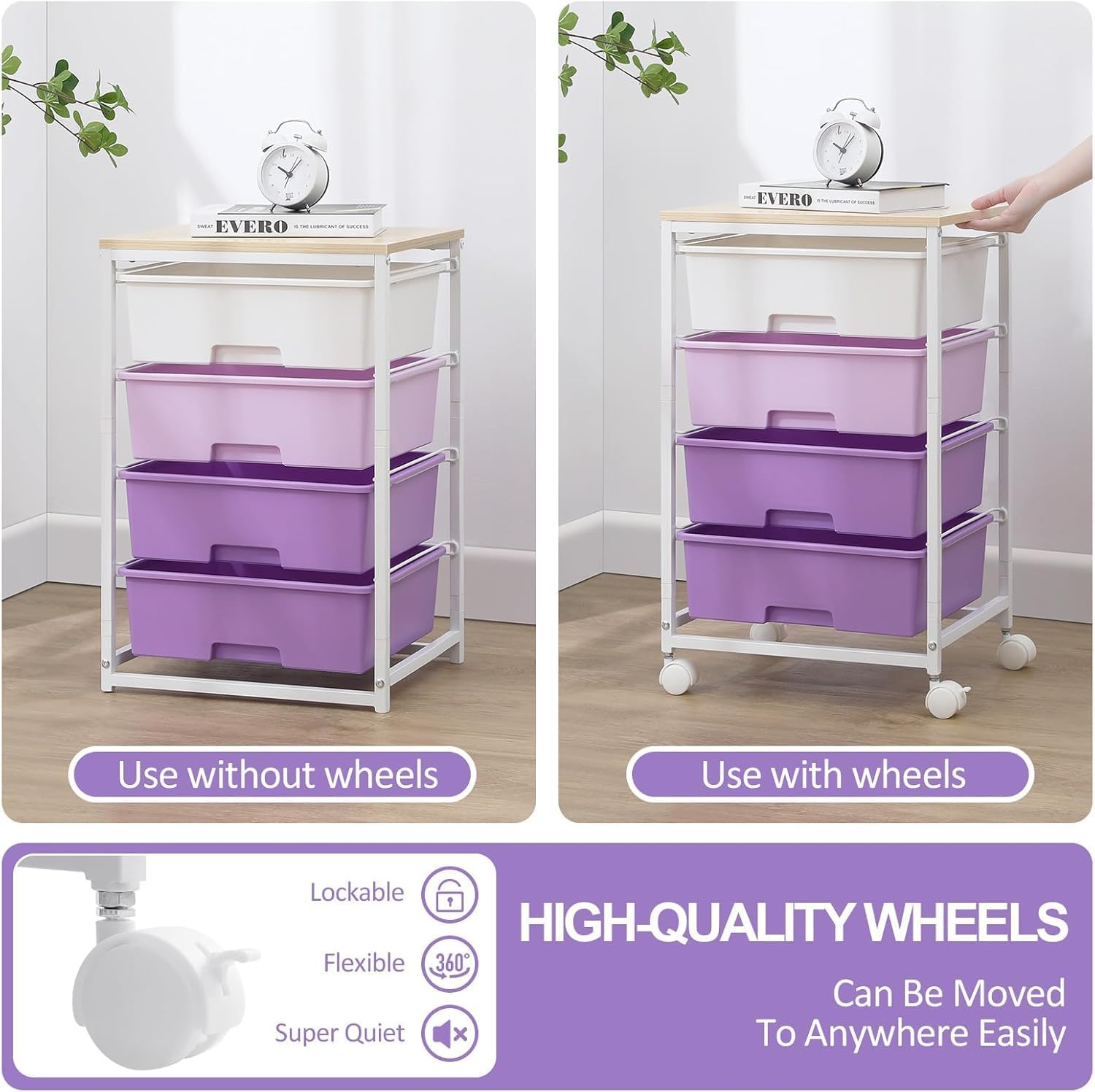Chariot de rangement à 4 tiroirs, plateau bois, grande capacité, violet, dimensions compactes, roulettes mobiles