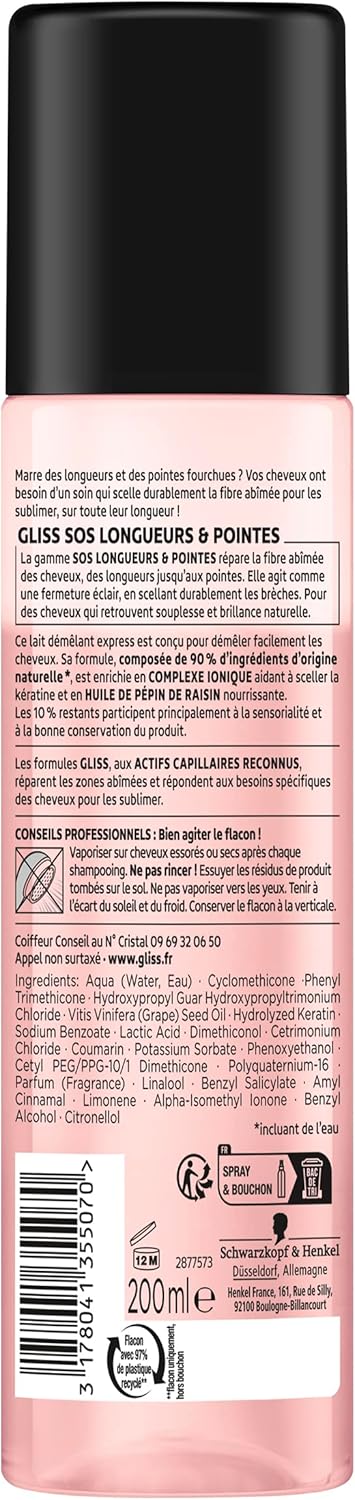 Schwarzkopf - Gliss SOS Longueur & Pointes - 200ml - Lait démêlant, 90% naturel, scelle fourches