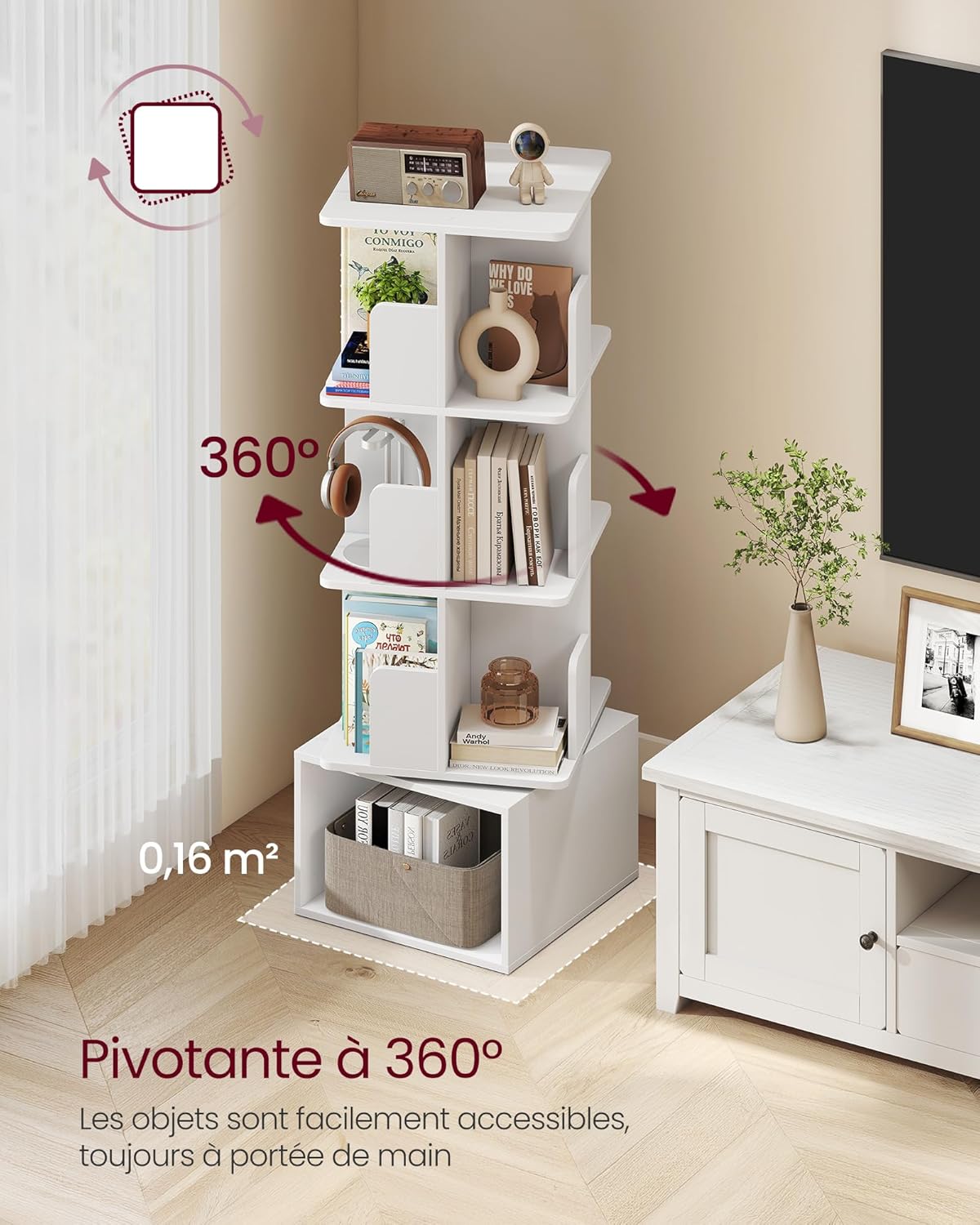 VASAGLE - Custos Collection - 40x40x124,6 cm - bibliothèque rotative 4 niveaux, pivot 360°, blanc nuage LBC471WB01