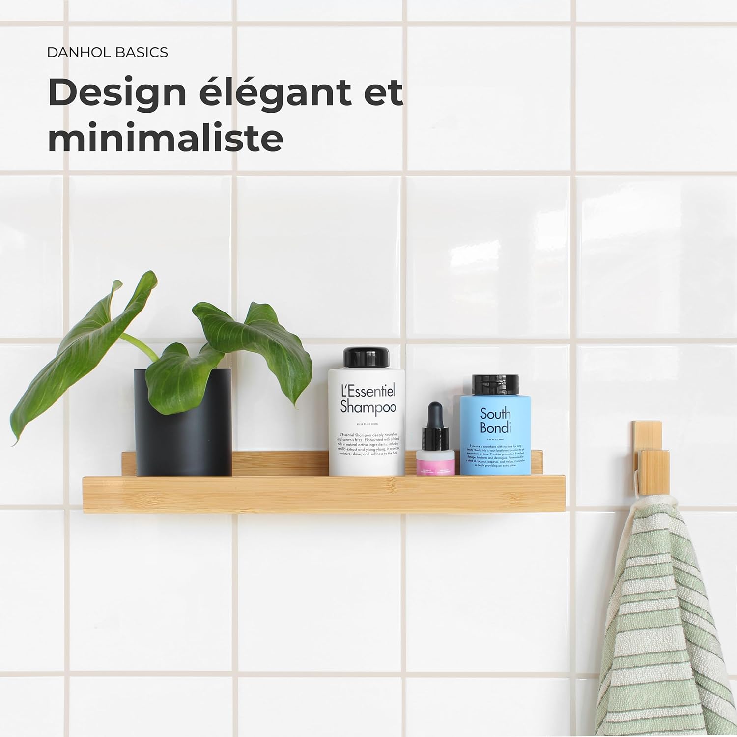 Étagère Salle de Bain en Bois - murale - bambou - adhésive, 2 unités