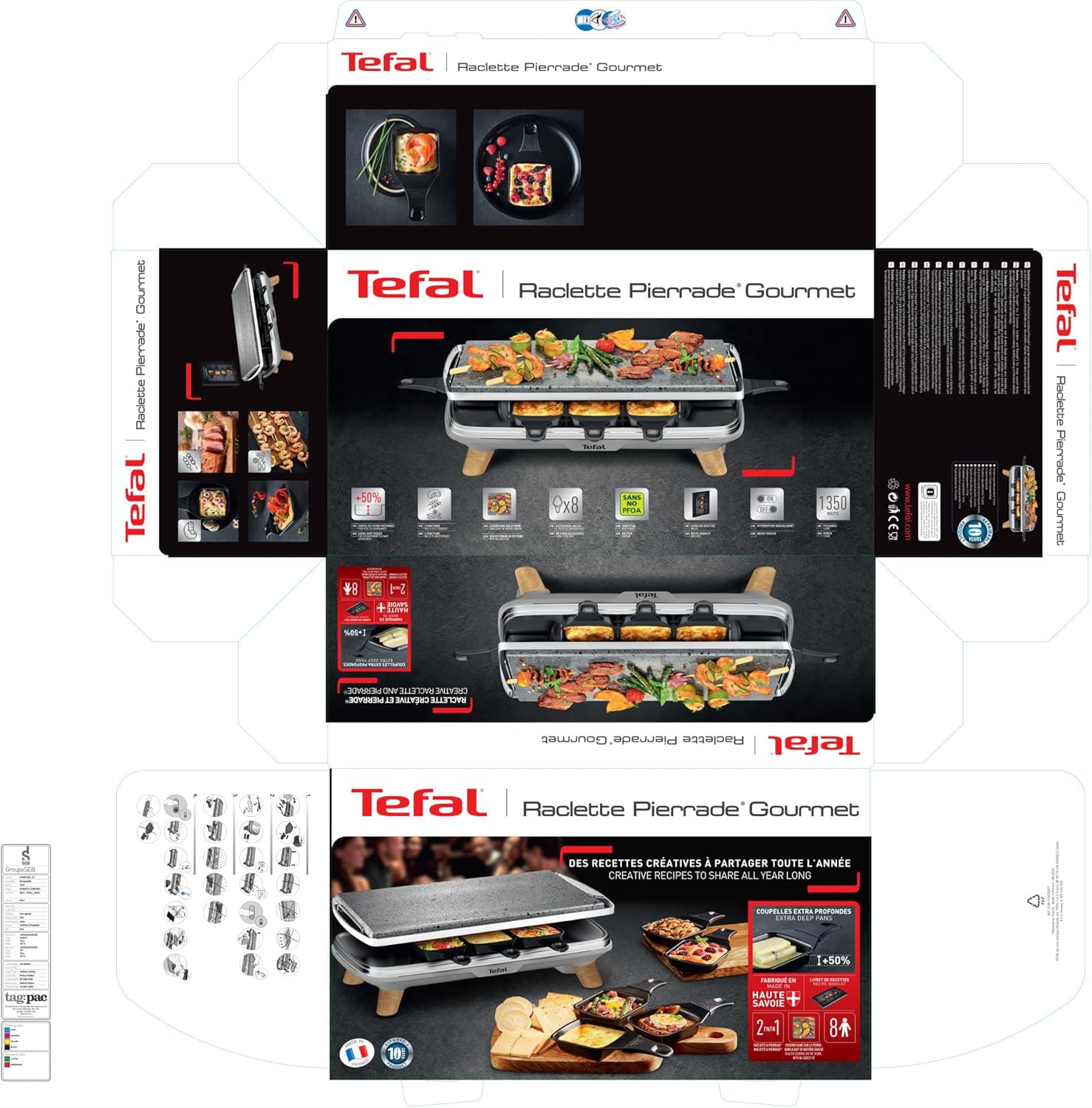 Tefal - Raclette Pierrade PR620D12 - 8 coupelles profondes, pierre naturelle, 1350W, pieds effet bois