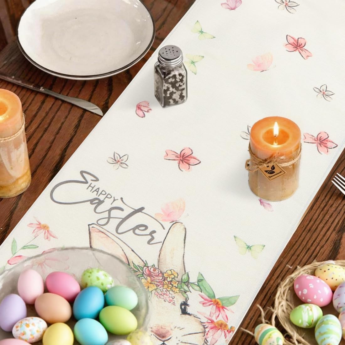 Chemin de Table - motif lapin printemps - 33x180 cm - lavable, déco cuisine salon