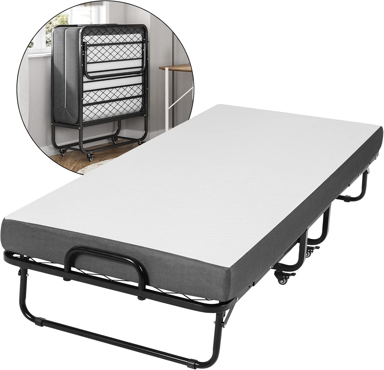 DICTAC - lit pliant 90x200 cm, matelas mémoire de forme, avec roulettes