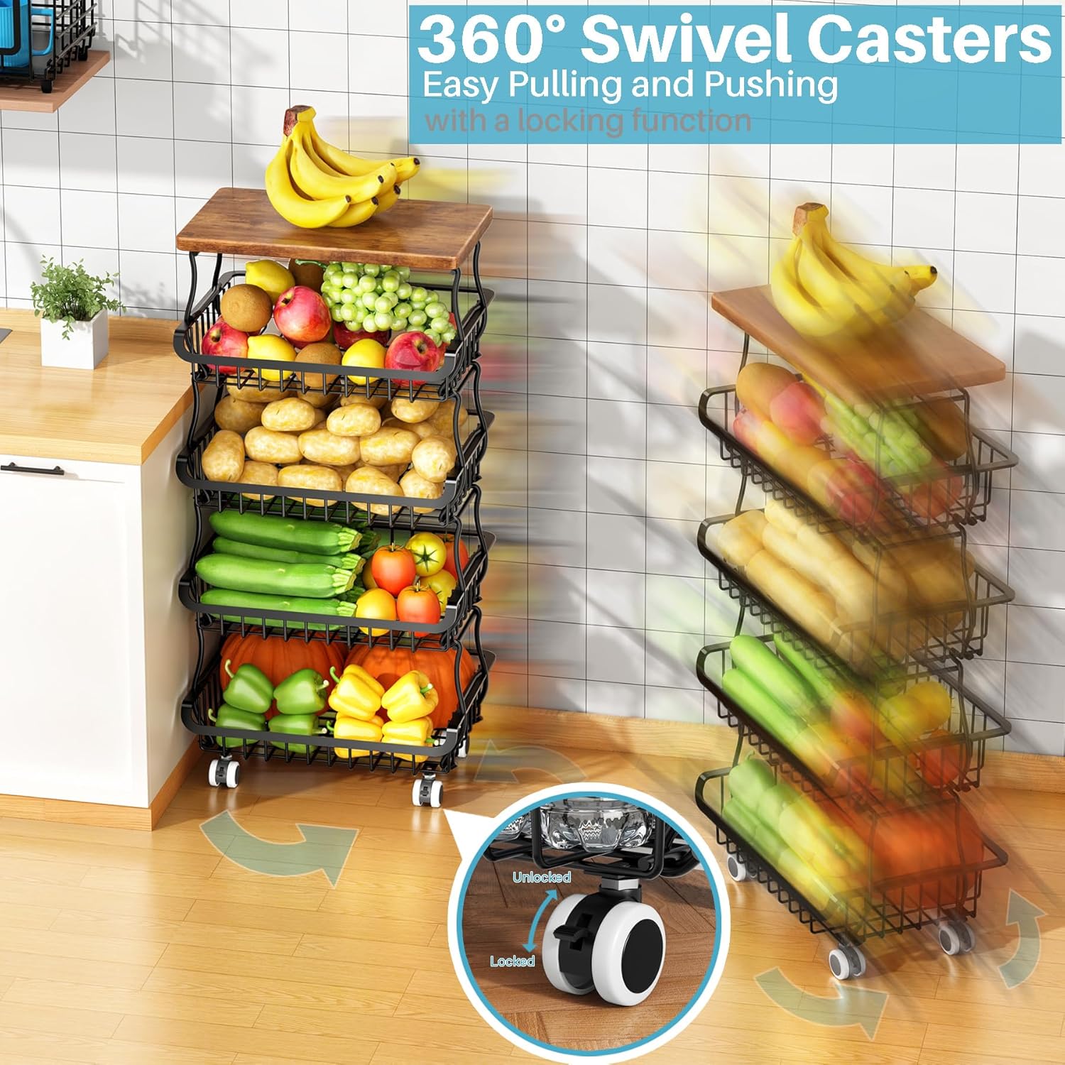 Corbeille à fruits et légumes - 5 niveaux, métal, roulettes, rangement empilable