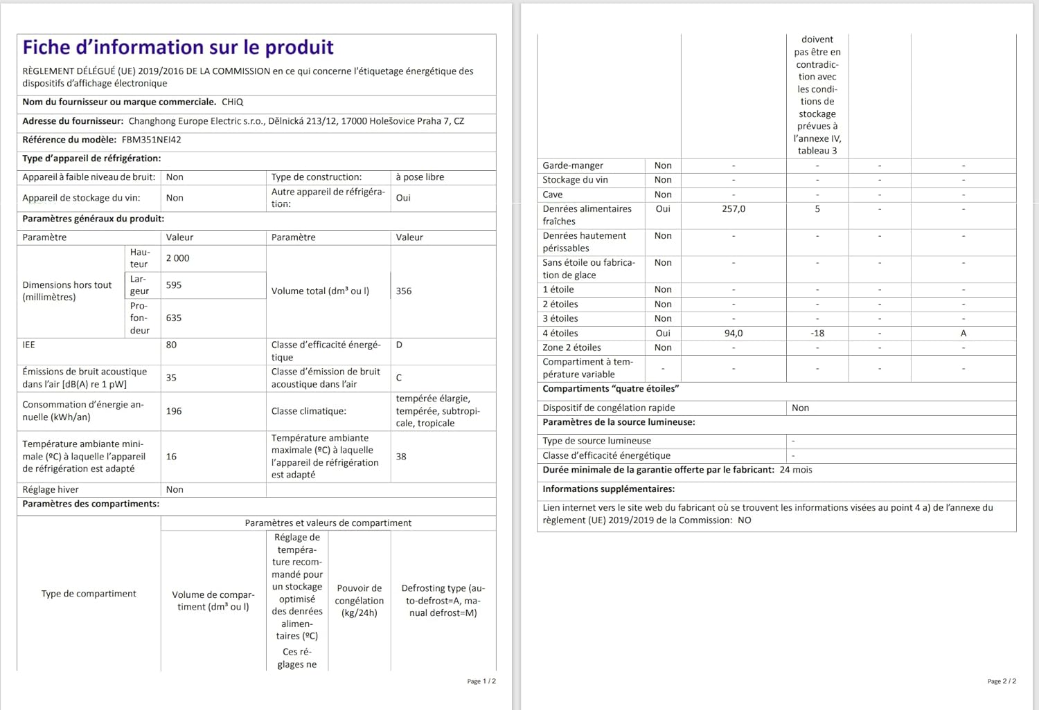 CHIQ - réfrigérateur congélateur série FBM - 356L, inox, no frost, tiroirs profonds, bac légumes, alarme porte, FBM351LE