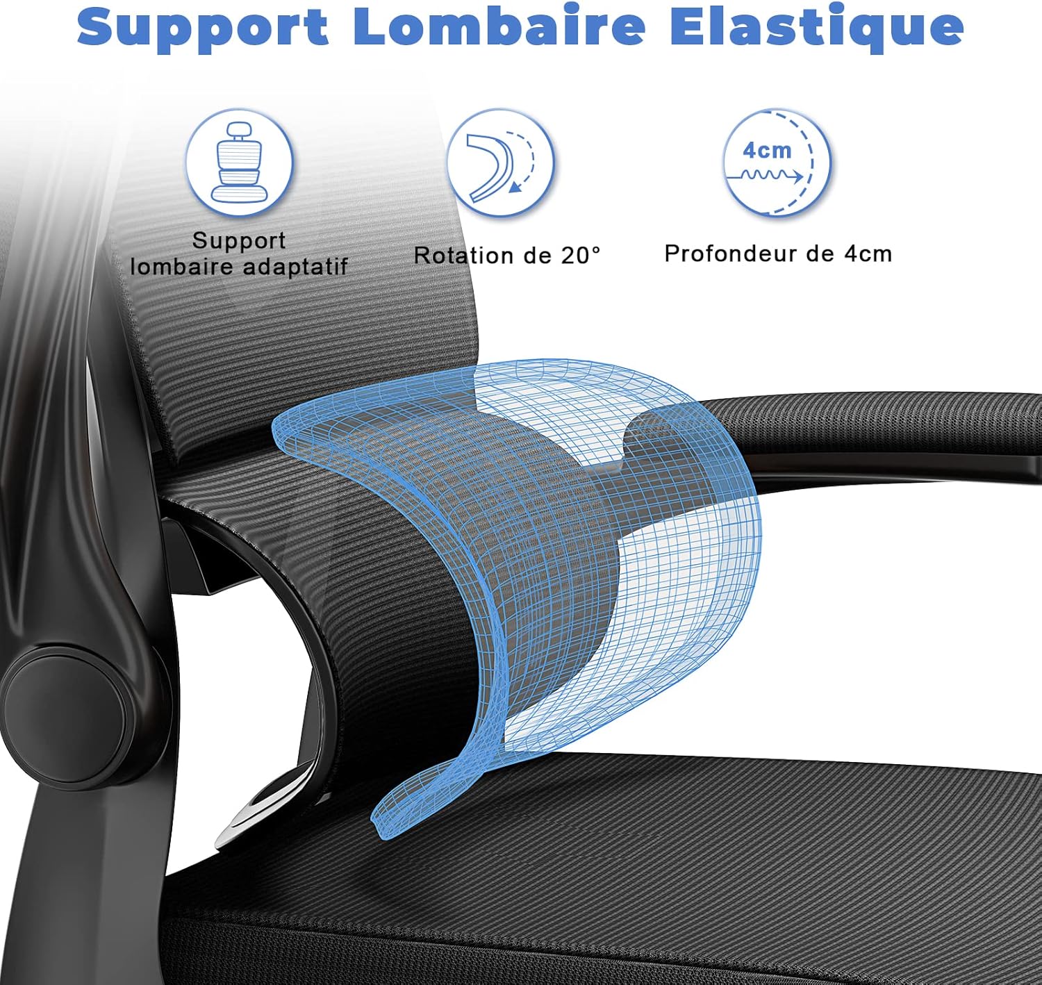 Chaise de bureau ergonomique - appui-tête & lombaire réglables - accoudoirs réversibles, maille noire, usage maison et b