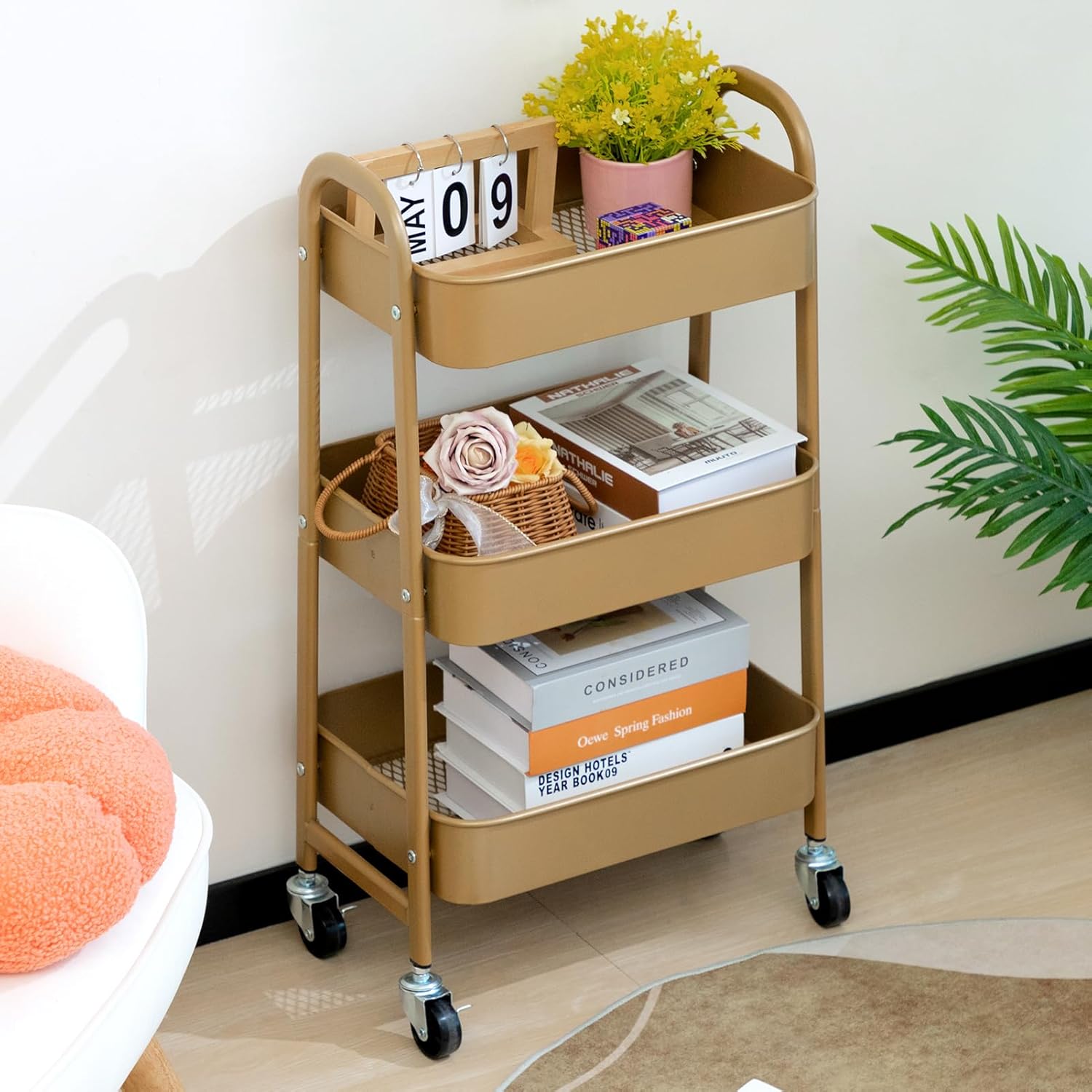 DOEWORKS - Chariot de rangement 3 niveaux, métal doré, roulant, compact