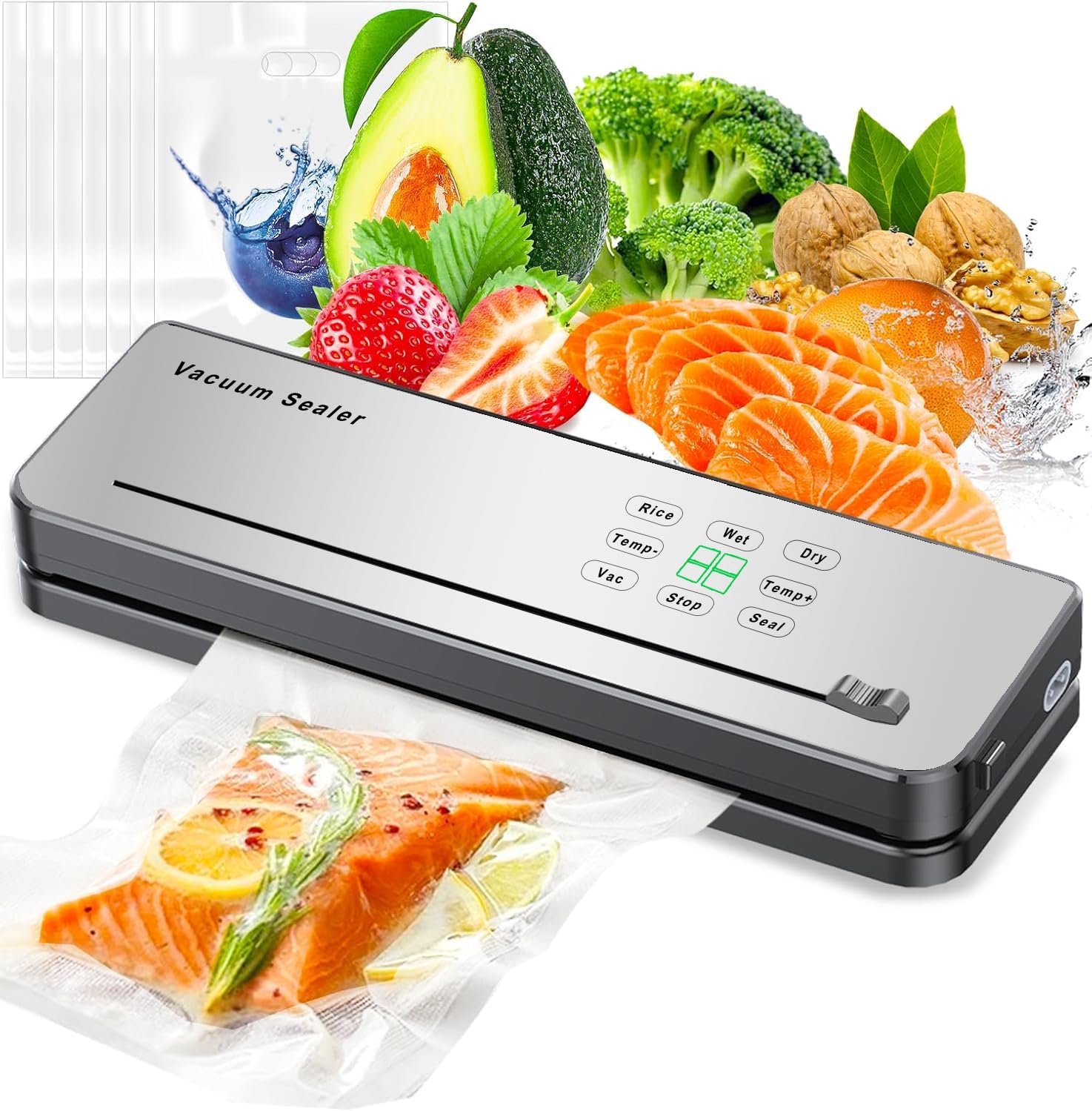 ESoundvol - Machine sous vide 8 en 1 - contrôle température, LED, coupe-aliments, 10 sacs