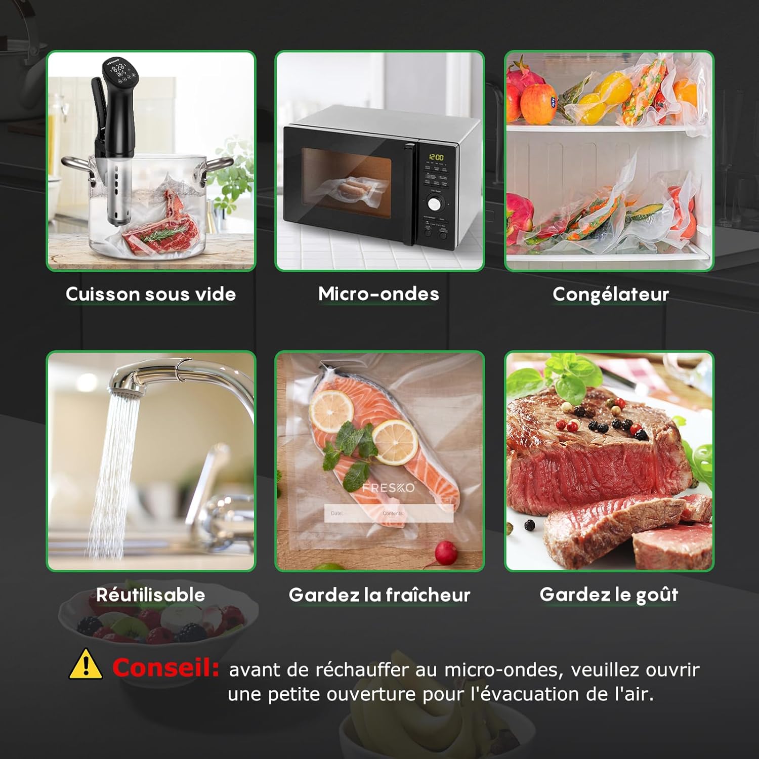 FRESKO - sacs sous vide gaufrés 15x25cm, 100pcs, sans BPA, réutilisables