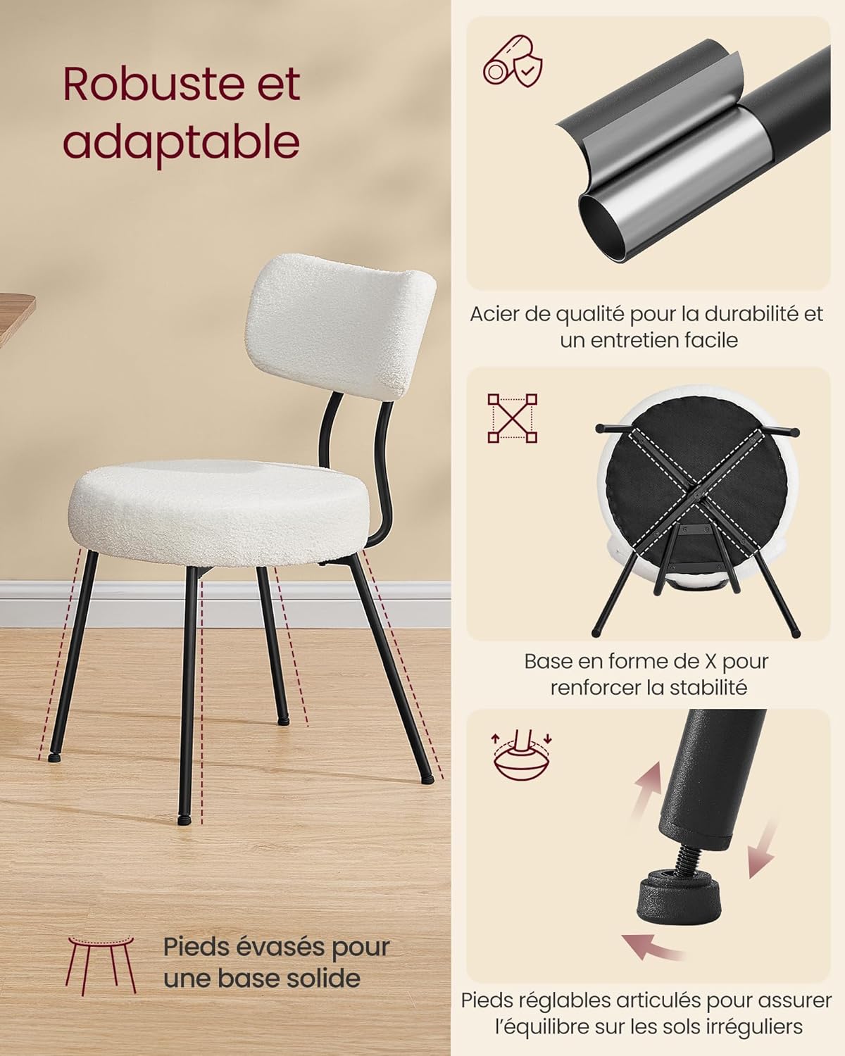 VASAGLE - chaises salle à manger lot de 6, tissu peluche, dossier courbé, cadre acier, blanc crème KDC110W16