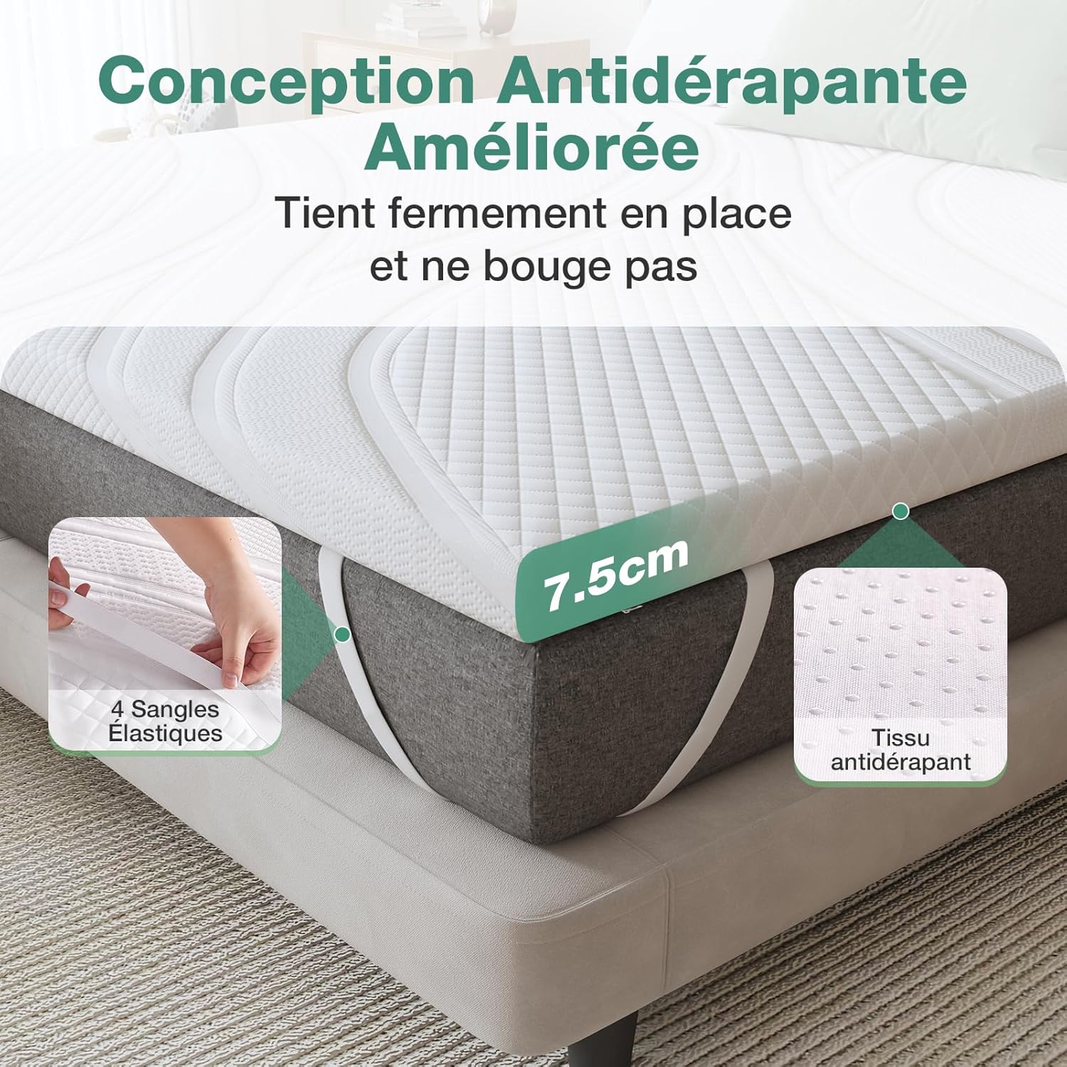 Novilla - Surmatelas 7.5CM 80x190 - Mousse mémoire gel, doux, antidérapant