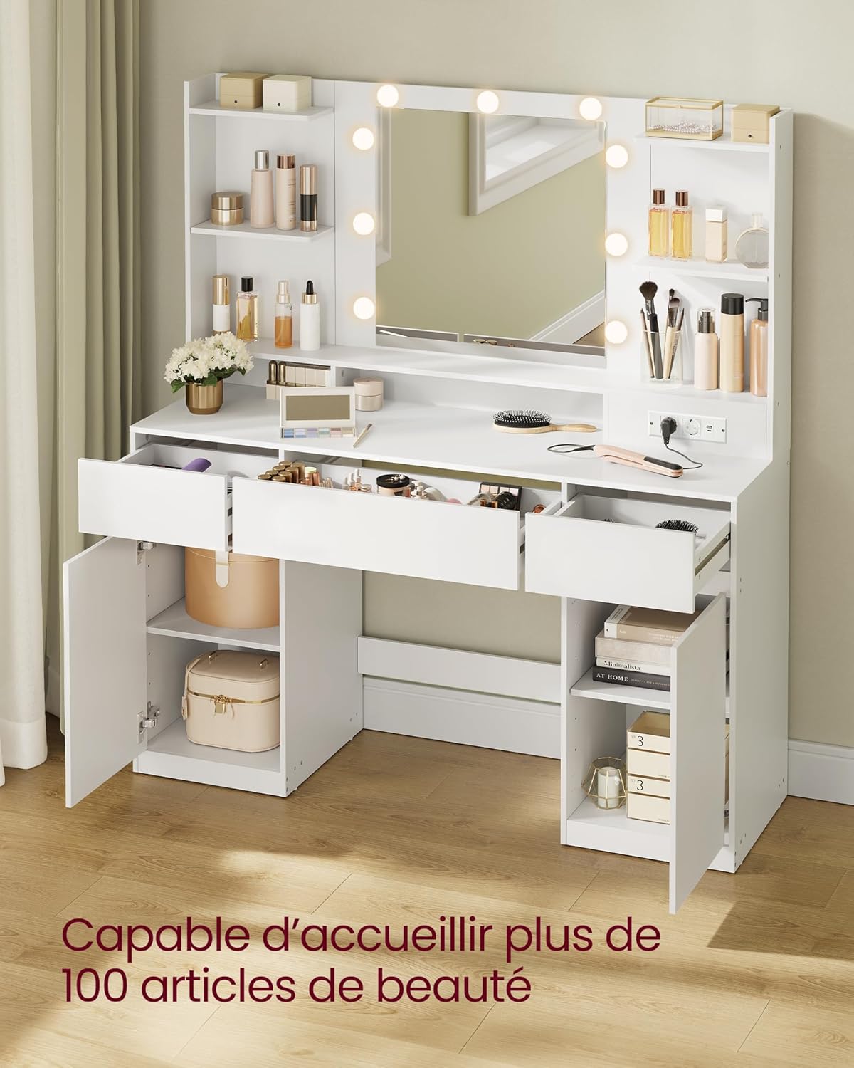VASAGLE - Kailyn Collection coiffeuse, blanc, LED, rangements, RDT142WB02