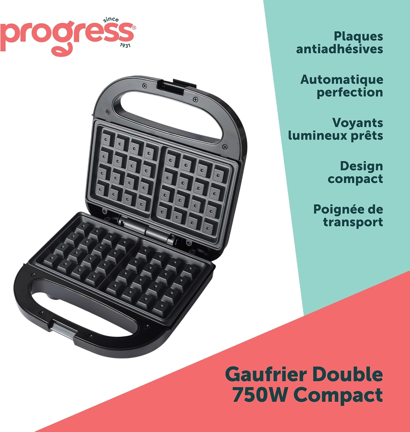 Progress - grille-pain double, plaques antiadhésives, 750W, contrôle auto température
