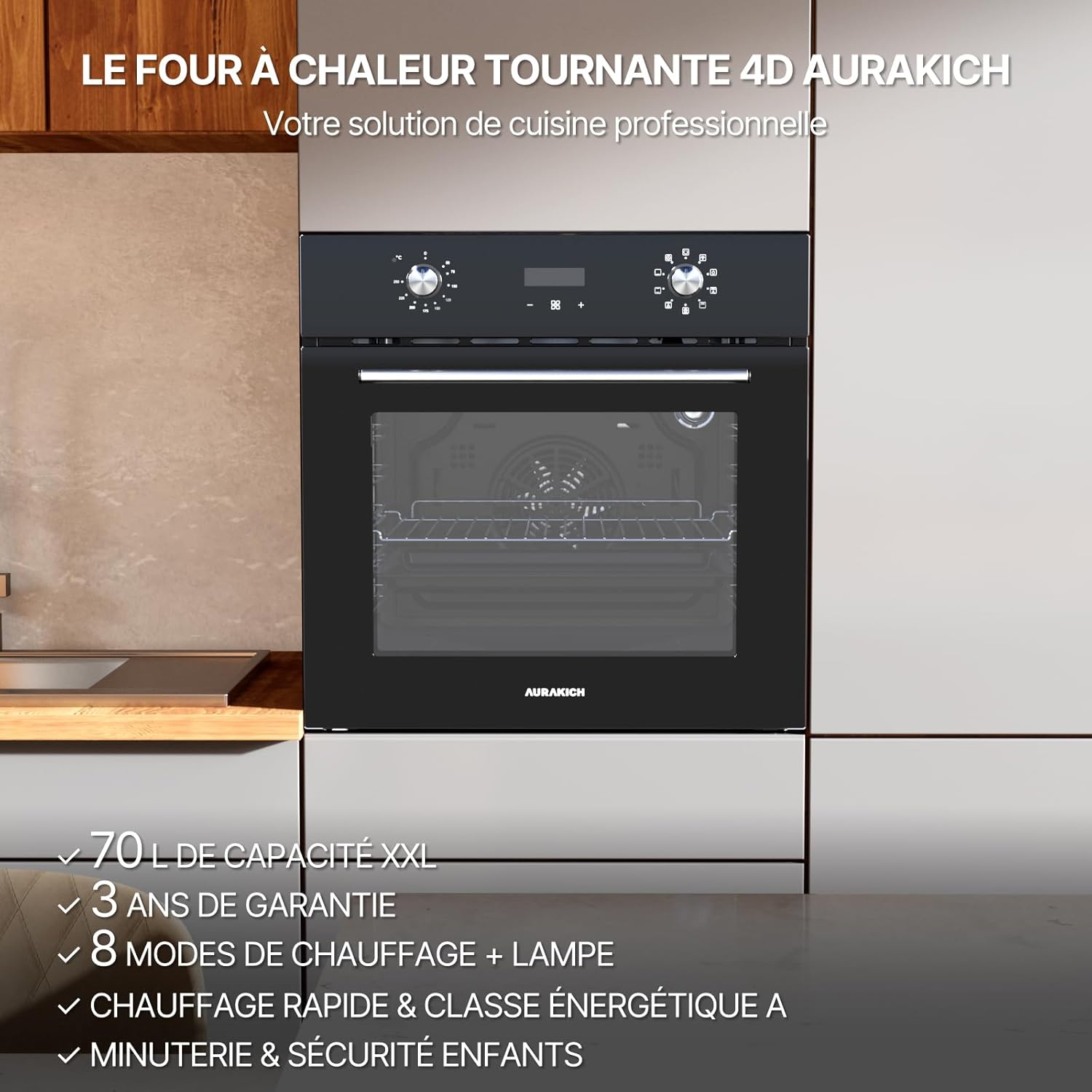 Four encastrable - 60 cm, 70 L, chaleur tournante 4D, 8 modes, sécurité enfant