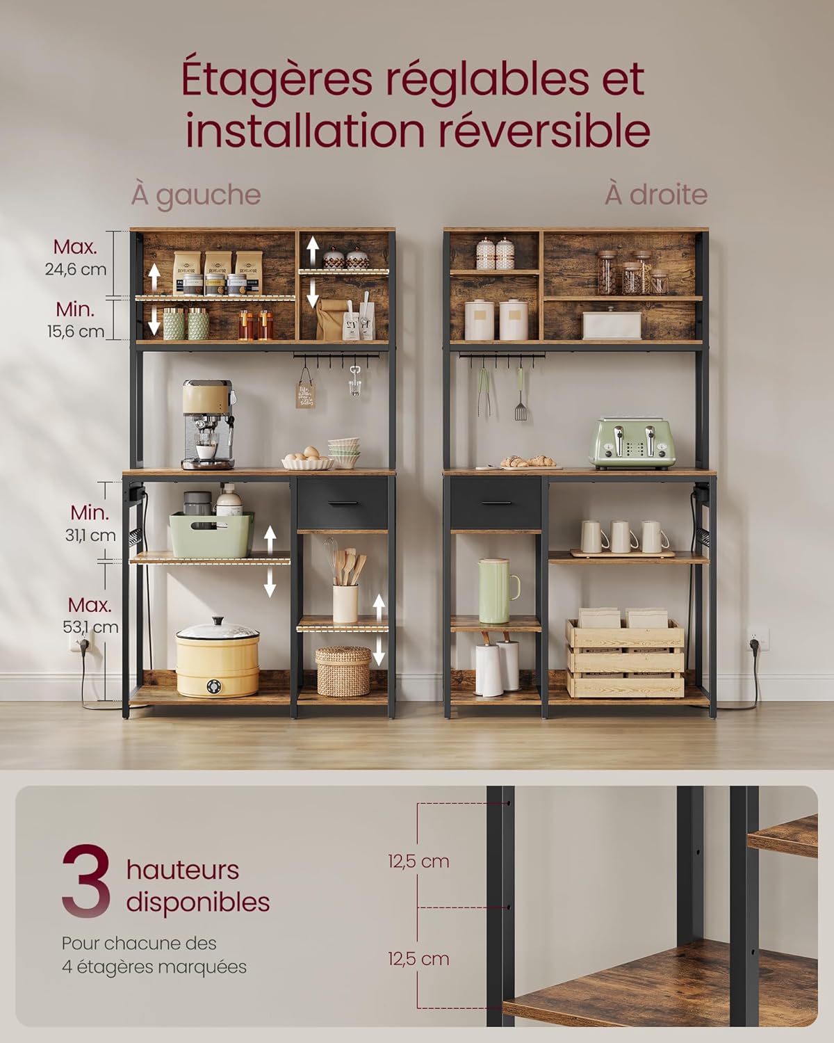 VASAGLE - étagère cuisine série bar café - 40x100x180 cm - multiprise, tiroir tissu, étagères réglables, 12 crochets - K