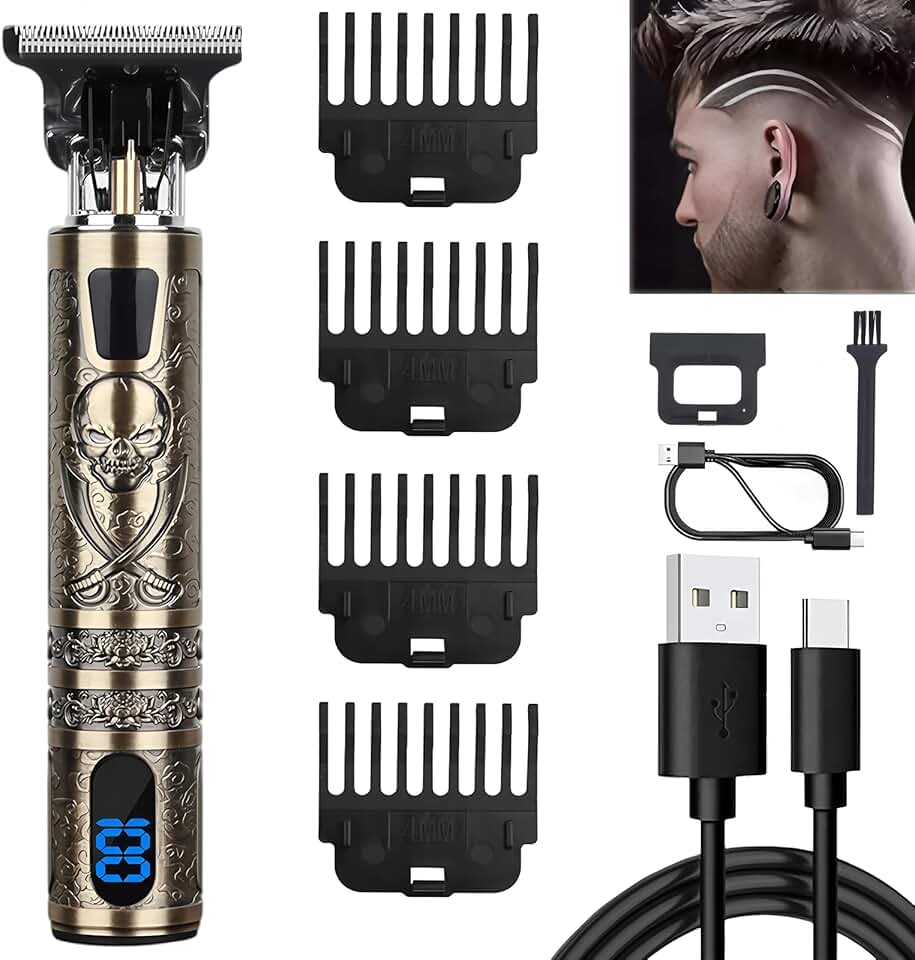 Tondeuse cheveux homme - Lame T zéro écart, IPX7, USB, 4 peignes - coupe précise - pirate