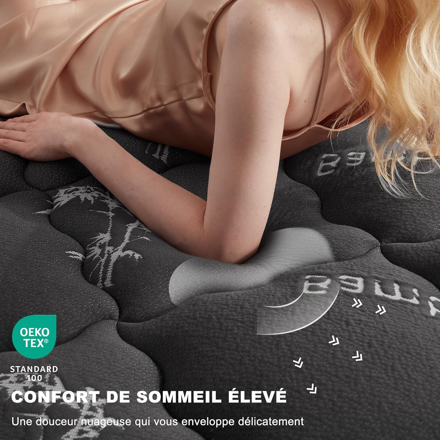 BEDLORE - surmatelas matelassé 140x200 cm, bambou respirant moelleux, bonnet 30 cm, gris foncé