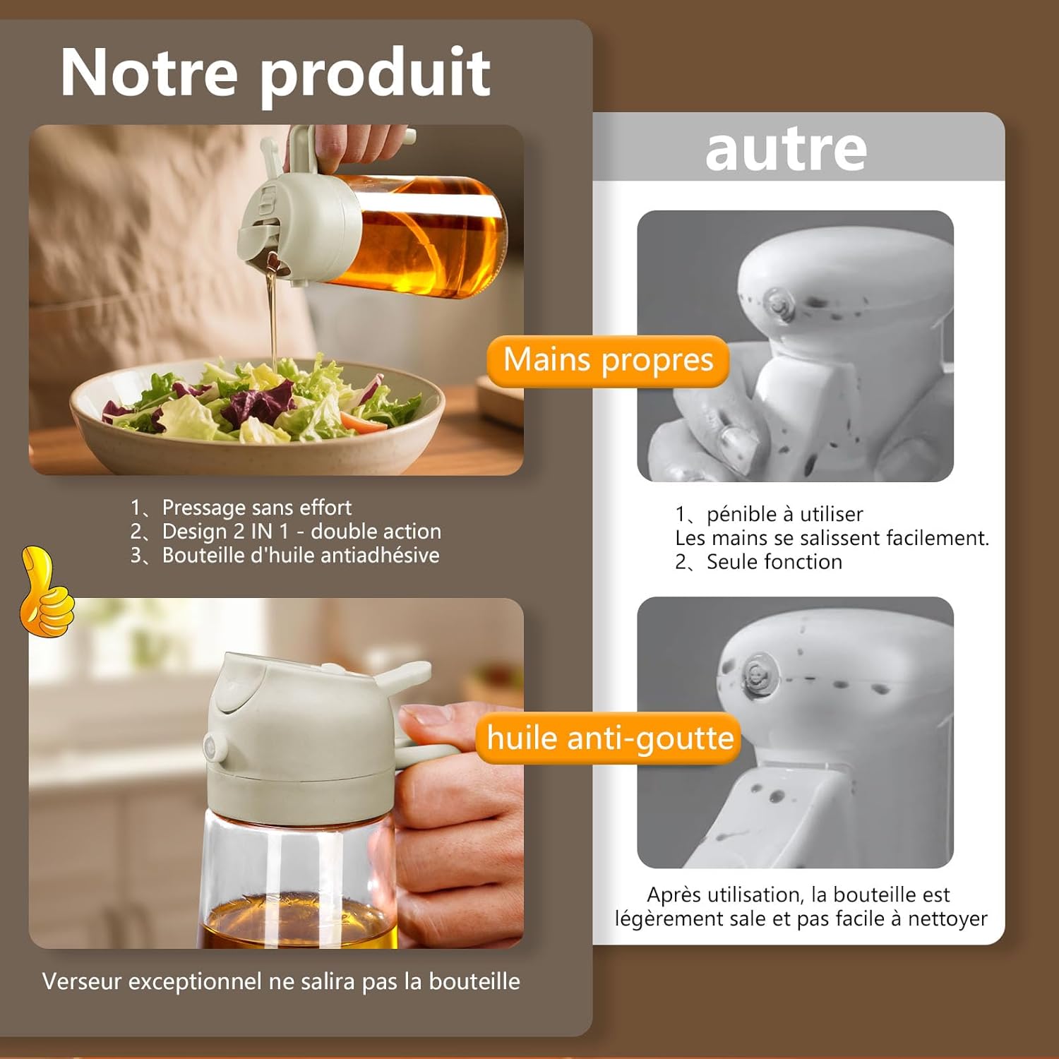 Spray pour huile - distributeur 470ml, bec verseur, 2 couleurs