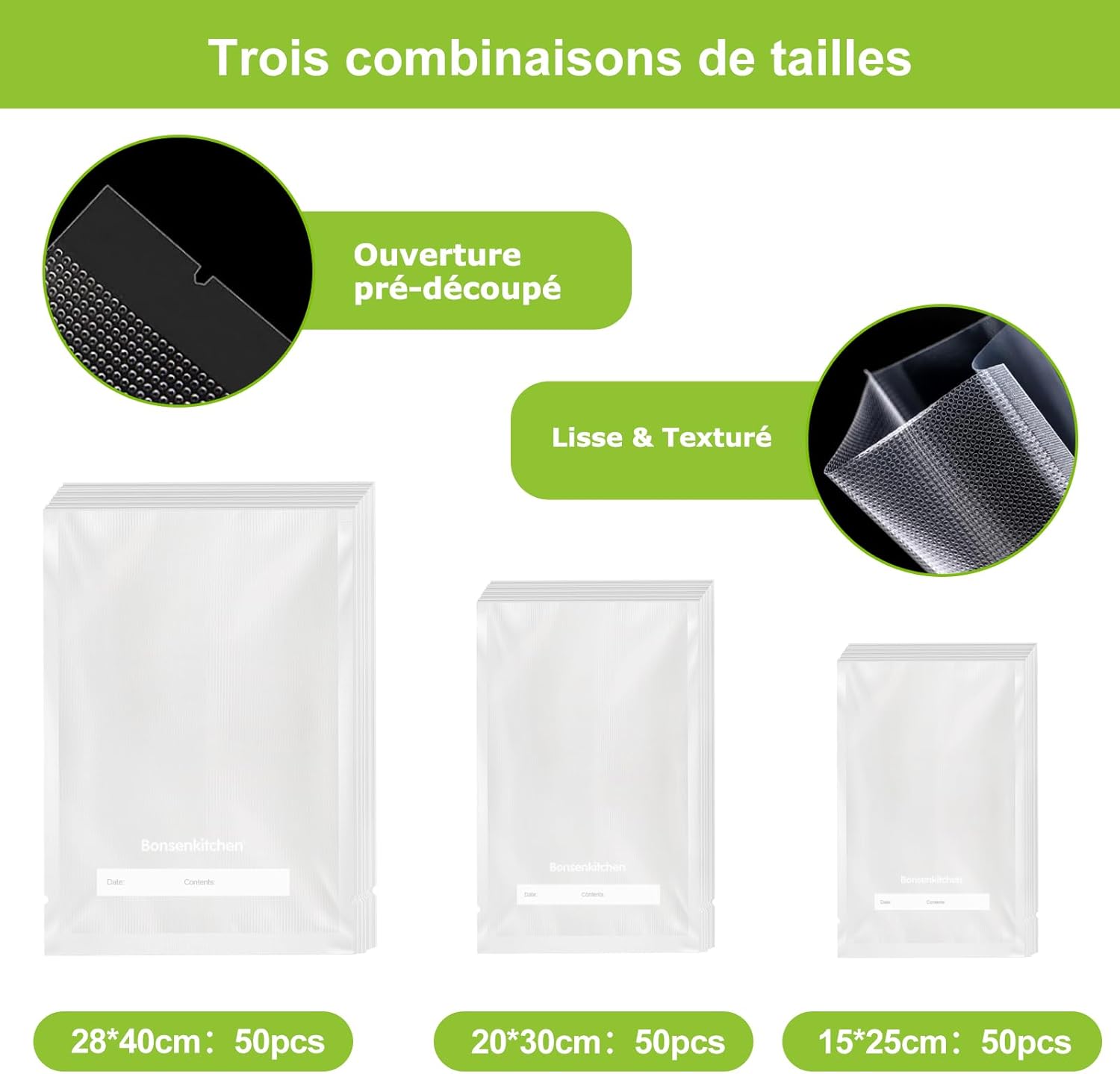 Bonsenkitchen - sacs sous vide alimentaire - 3 tailles 150 pièces - sans BPA VB3215