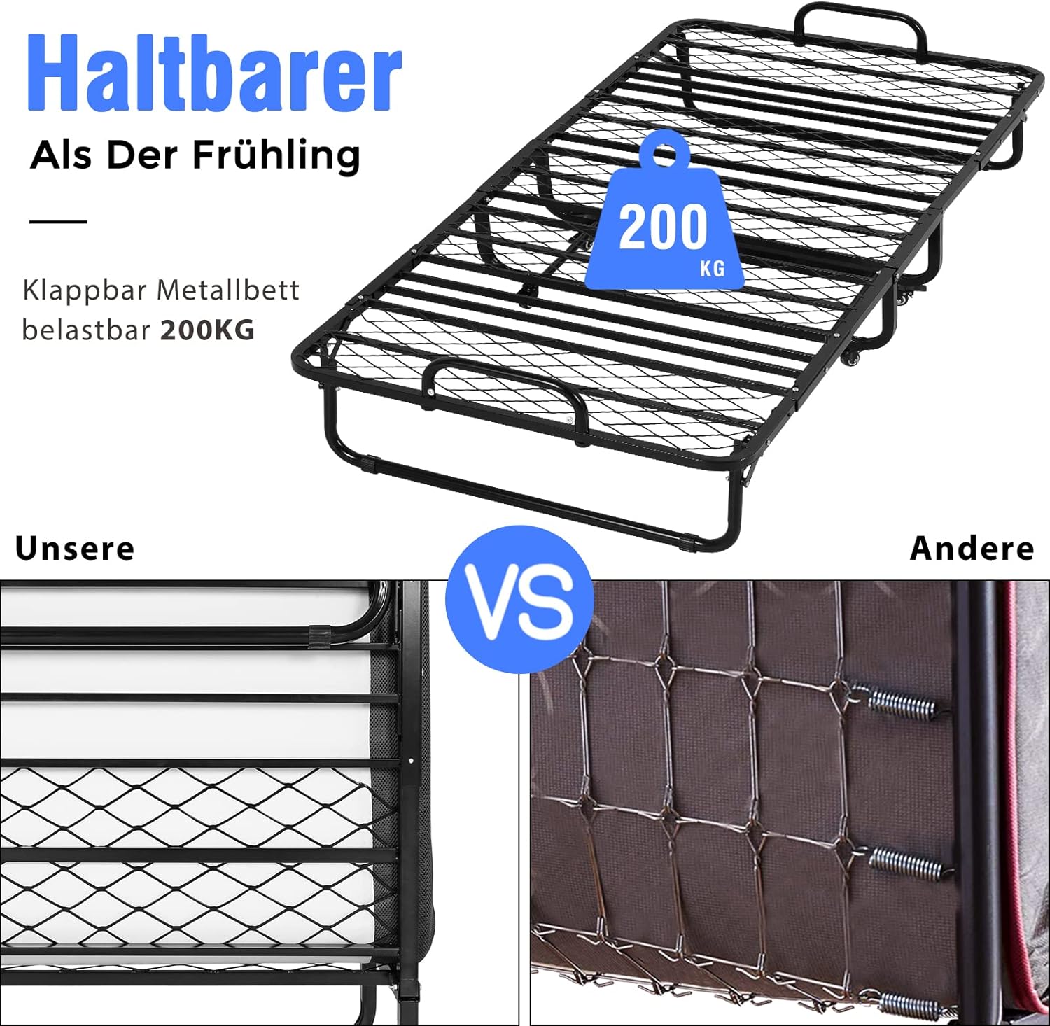 DICTAC - lit pliant 90x200 cm, matelas mémoire de forme, avec roulettes