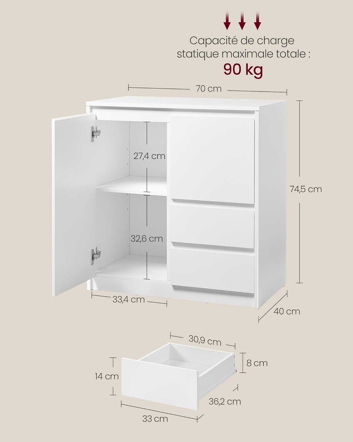 VASAGLE - buffet moderne - 40x70x74,5 cm - 2 tiroirs, porte et étagère réglable BBK243W01V1