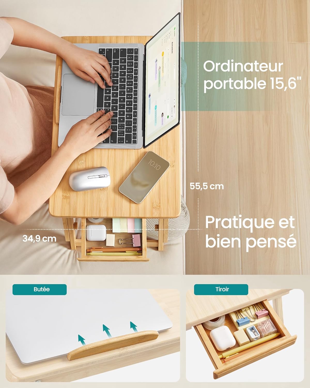 SONGMICS - table de lit réglable, bambou, 15,6