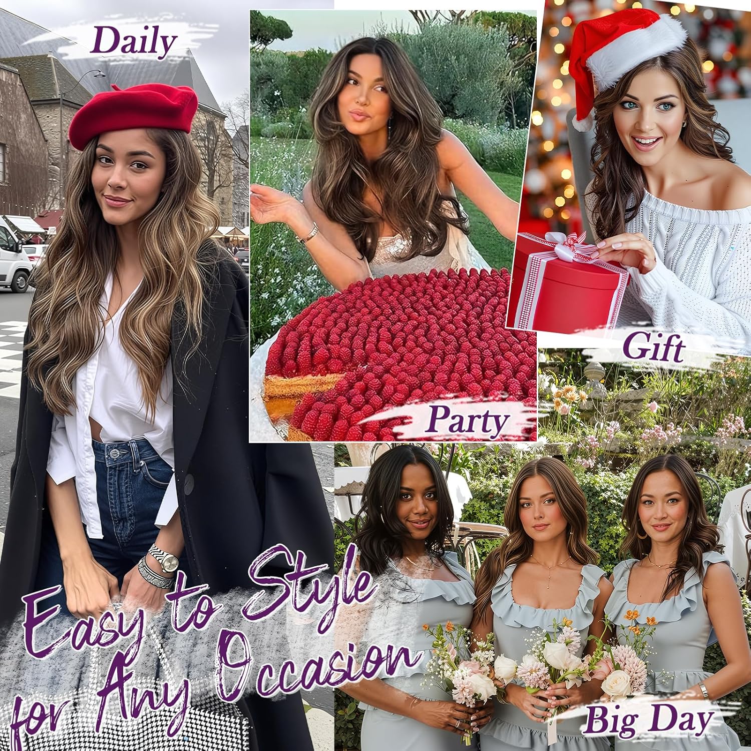 BARSDAR - Extensions cheveux synthétiques 50cm, ondulées, marron foncé blond, 5 pièces