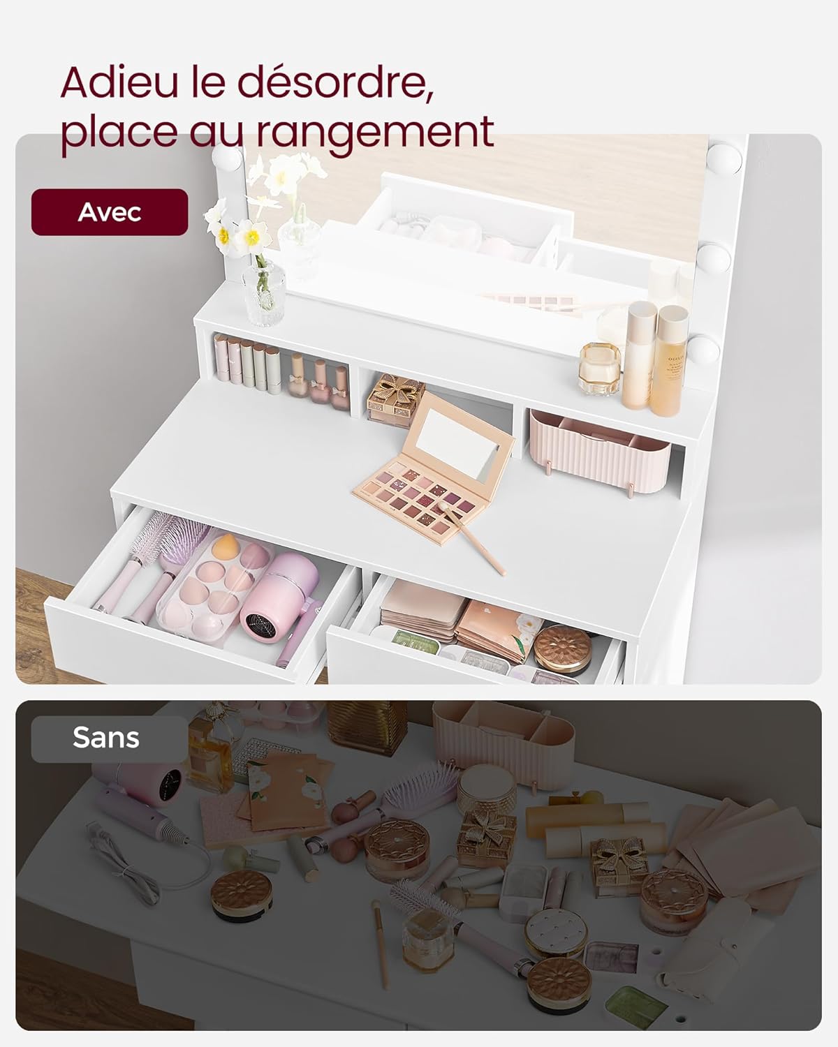 VASAGLE - Kailyn Collection - 80 cm - coiffeuse miroir lumineux, tiroirs, tabouret, RDT720W01